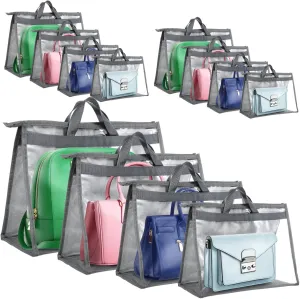 12 Pack Clear Dust Bags for Handbags, 4 Size Non-Woven Purse Storage Organizer with Zipper and Handle, Hanging Dust Cover Purse Protector Bag for Closet (Grey)
