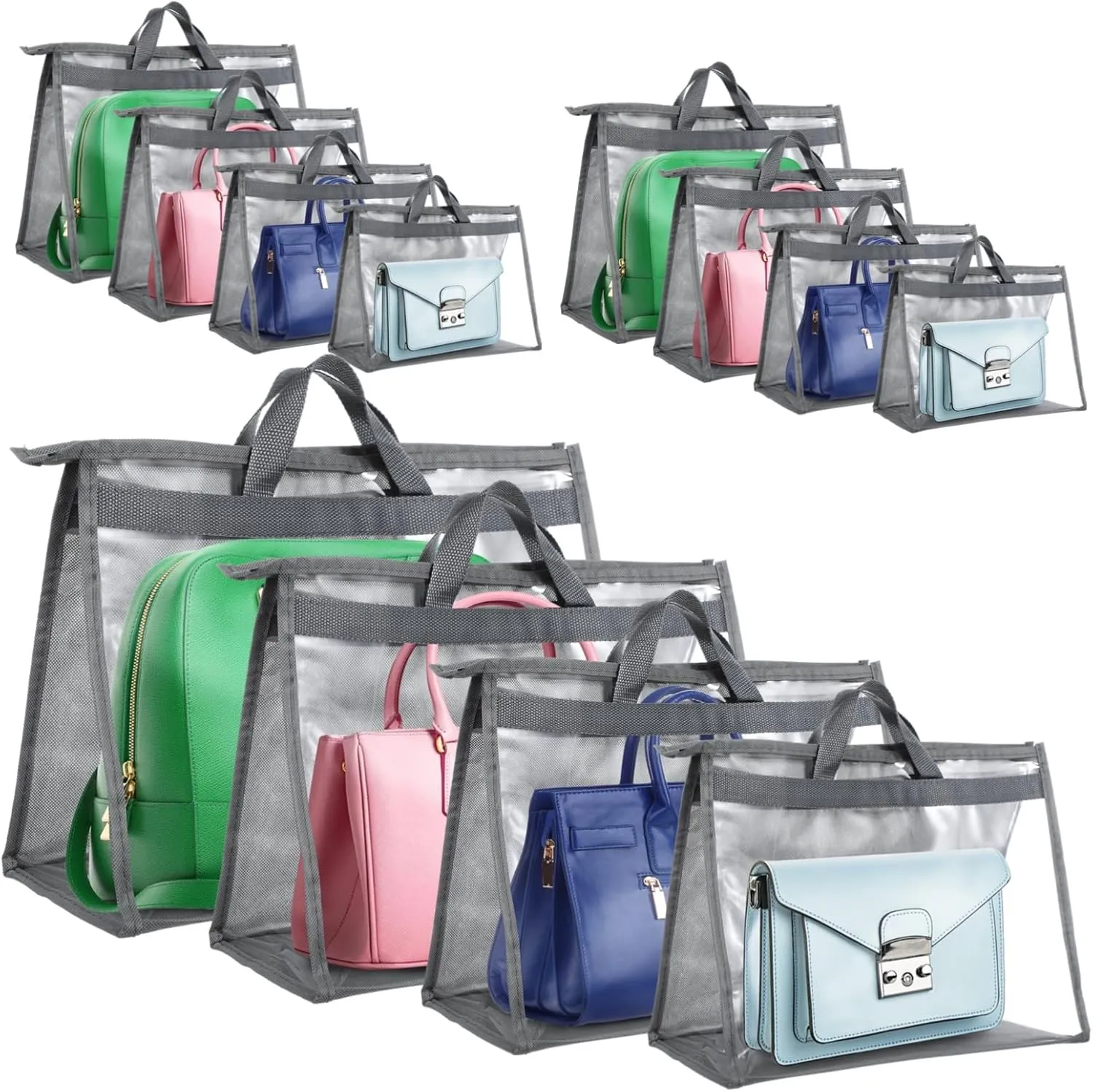 12 Pack Clear Dust Bags for Handbags, 4 Size Non-Woven Purse Storage Organizer with Zipper and Handle, Hanging Dust Cover Purse Protector Bag for Closet (Grey)