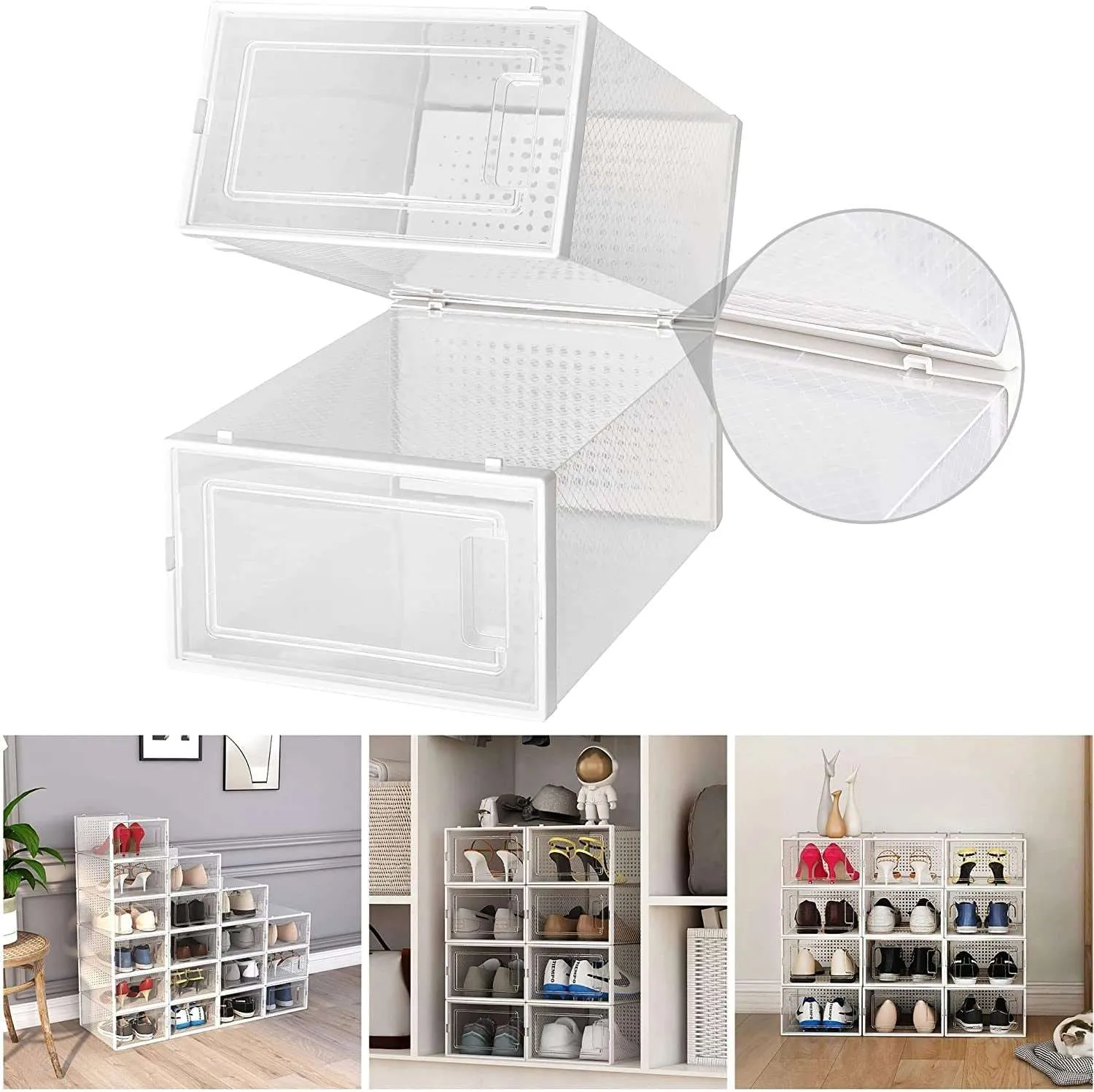 12 Pack Shoe Storage Boxes, Clear Plastic Stackable Shoe Organizer Bins, Drawer Type Front Opening Shoe Holder Containers