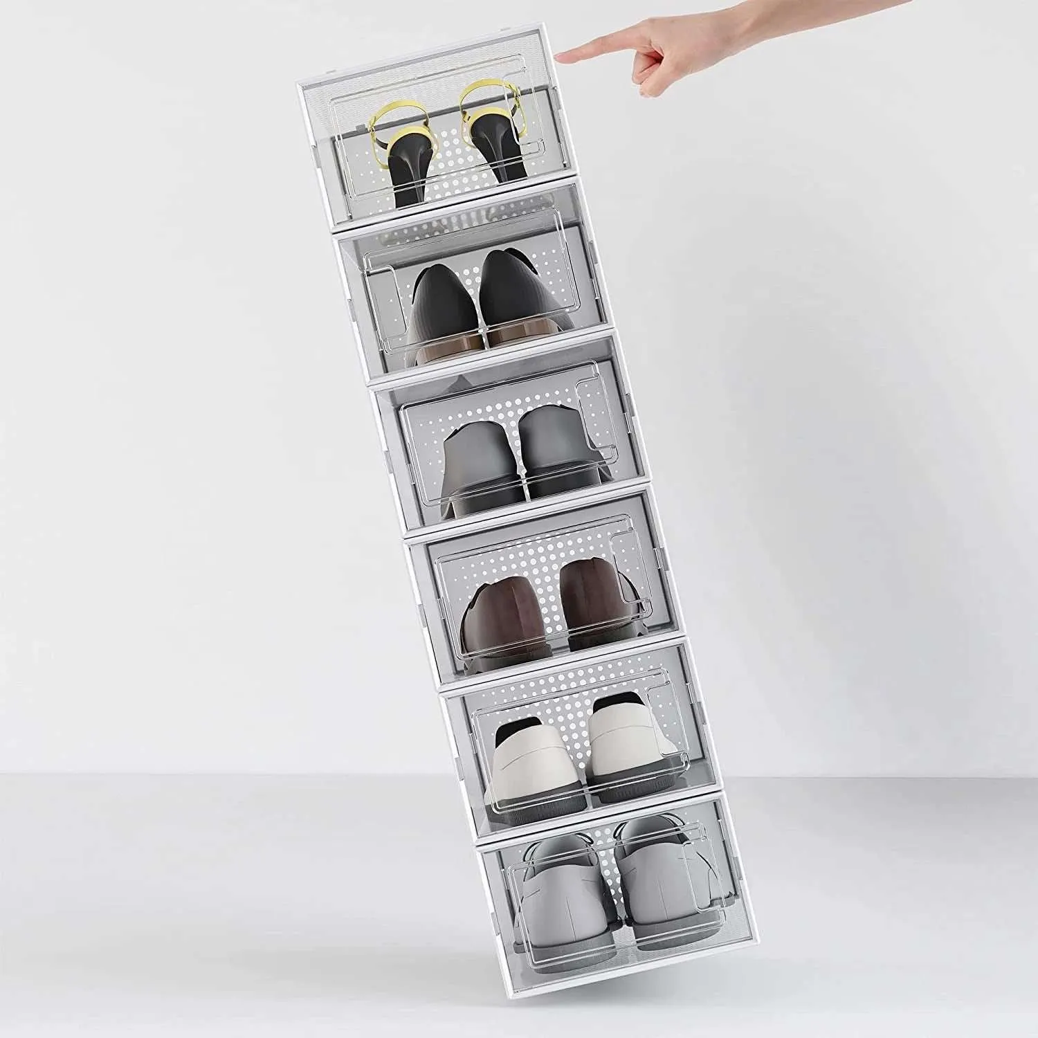 12 Pack Shoe Storage Boxes, Clear Plastic Stackable Shoe Organizer Bins, Drawer Type Front Opening Shoe Holder Containers