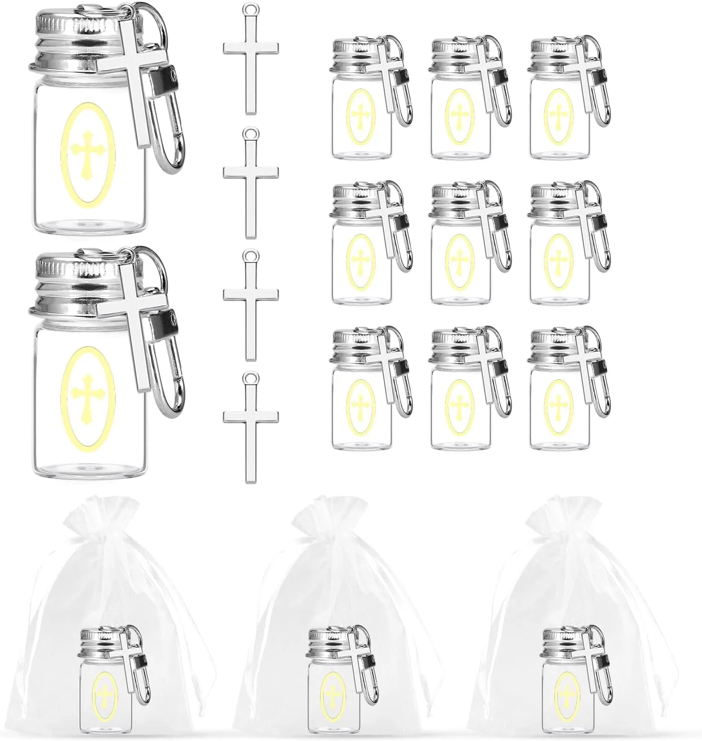12 Pcs Holy Water Bottle Keychain with Catholic Christian Glass Watering Vial Cross and Sticker Holy Water Vial Set for Church Wedding Party Favors Gift Set Baptism Favors Communion Catholic