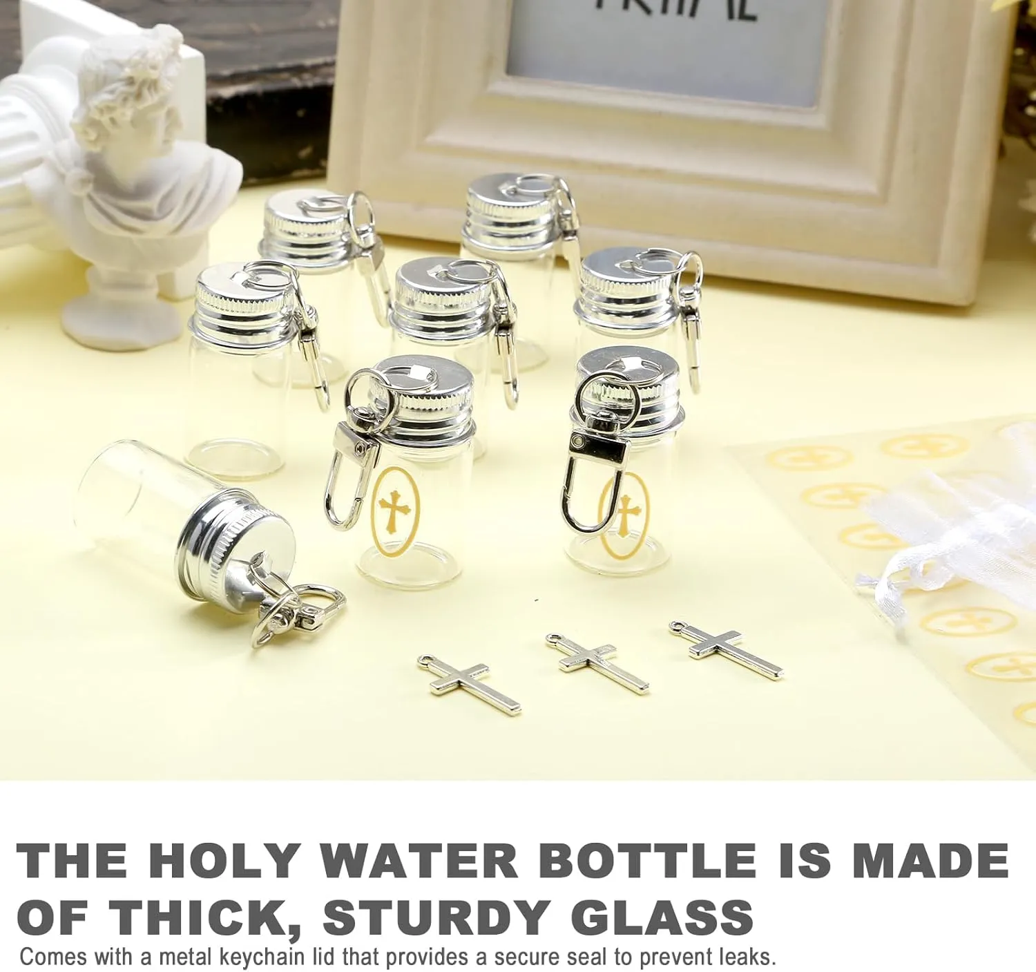 12 Pcs Holy Water Bottle Keychain with Catholic Christian Glass Watering Vial Cross and Sticker Holy Water Vial Set for Church Wedding Party Favors Gift Set Baptism Favors Communion Catholic