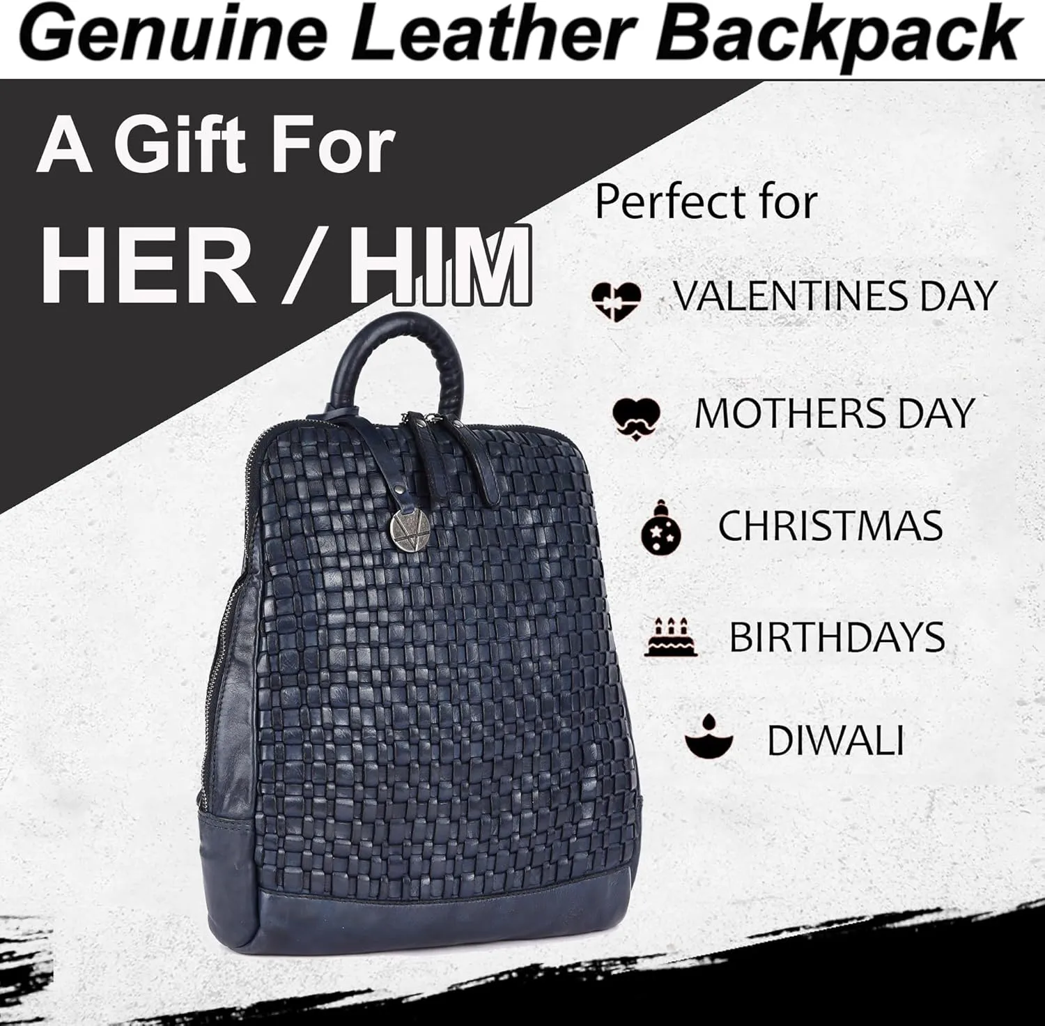 12.5 Inch Genuine Leather Backpack for Women and Men, Navy Leather Backpack with Adjustable Shoulder Strap