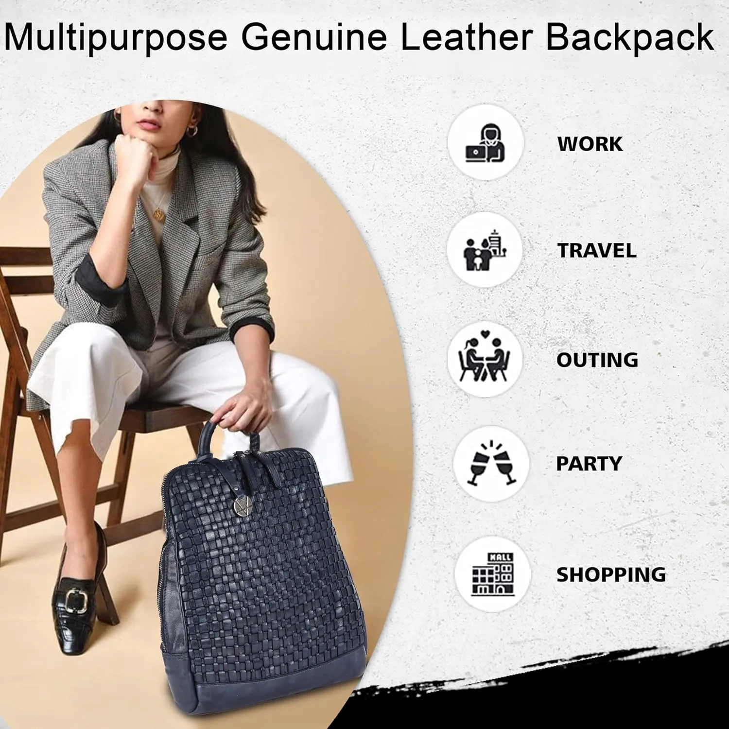 12.5 Inch Genuine Leather Backpack for Women and Men, Navy Leather Backpack with Adjustable Shoulder Strap