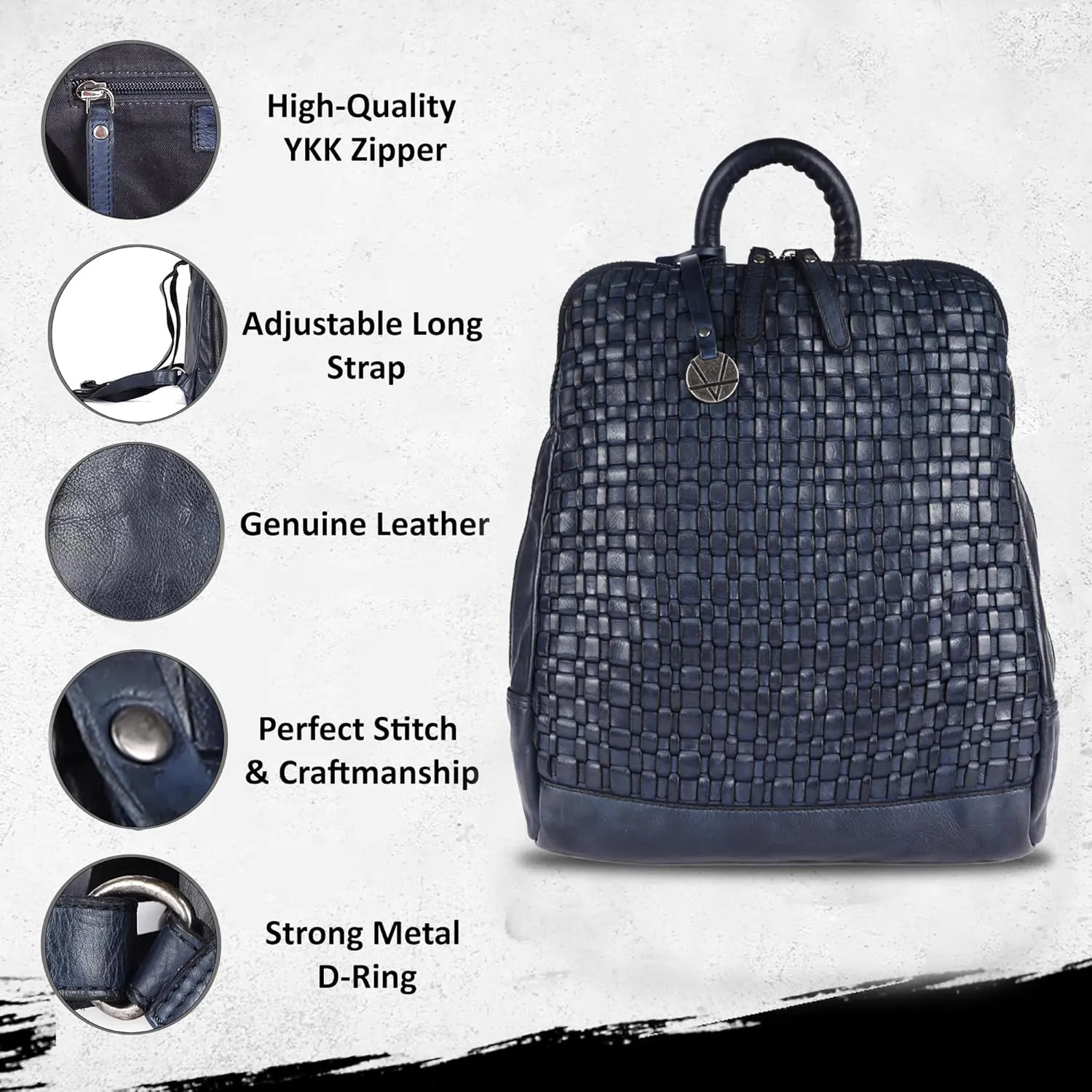 12.5 Inch Genuine Leather Backpack for Women and Men, Navy Leather Backpack with Adjustable Shoulder Strap