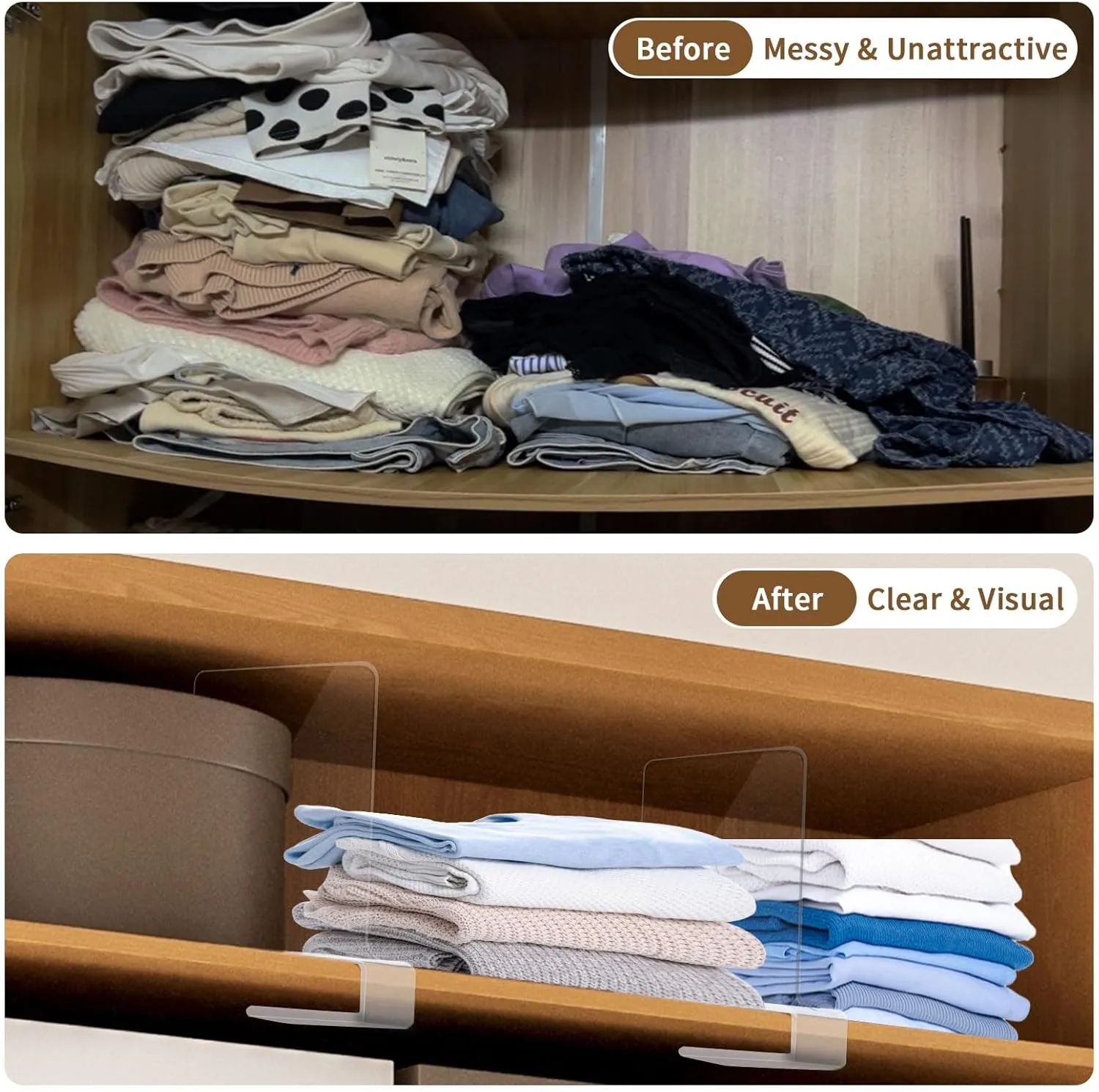 12Pack Acrylic Closet Shelf Dividers, Heavy Duty Organizer for Clothes, Handbags, Sweaters & Towels - Transparent Storage Solution for Kitchen Cabinets, Wardrobes & Home Shelving