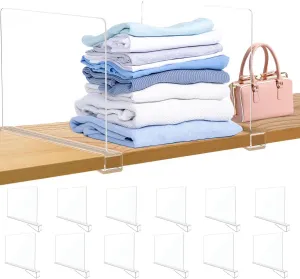 12Pack Acrylic Closet Shelf Dividers, Heavy Duty Organizer for Clothes, Handbags, Sweaters & Towels - Transparent Storage Solution for Kitchen Cabinets, Wardrobes & Home Shelving