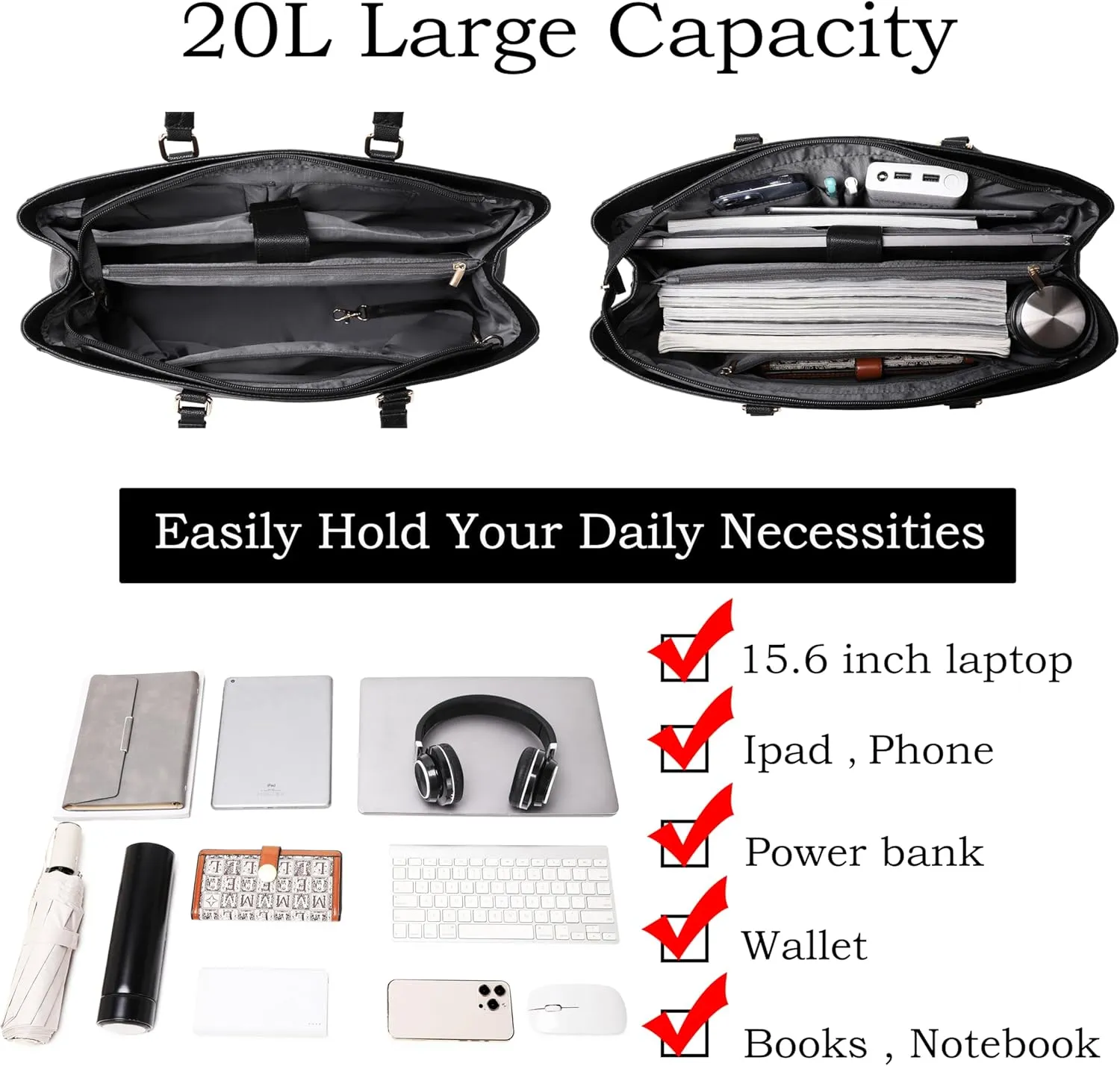 17-Inch Laptop Bag for Women - Casual Work Tote With USB Charging Port and Clutch Purse (Black B)