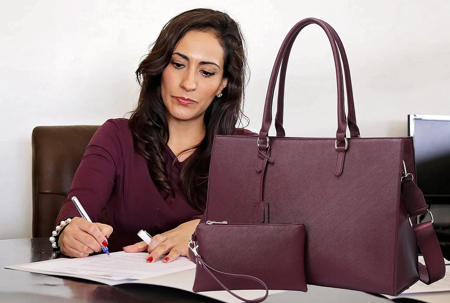 17-Inch Laptop Bag for Women - Casual Work Tote With USB Charging Port and Clutch Purse (Fuchsia)