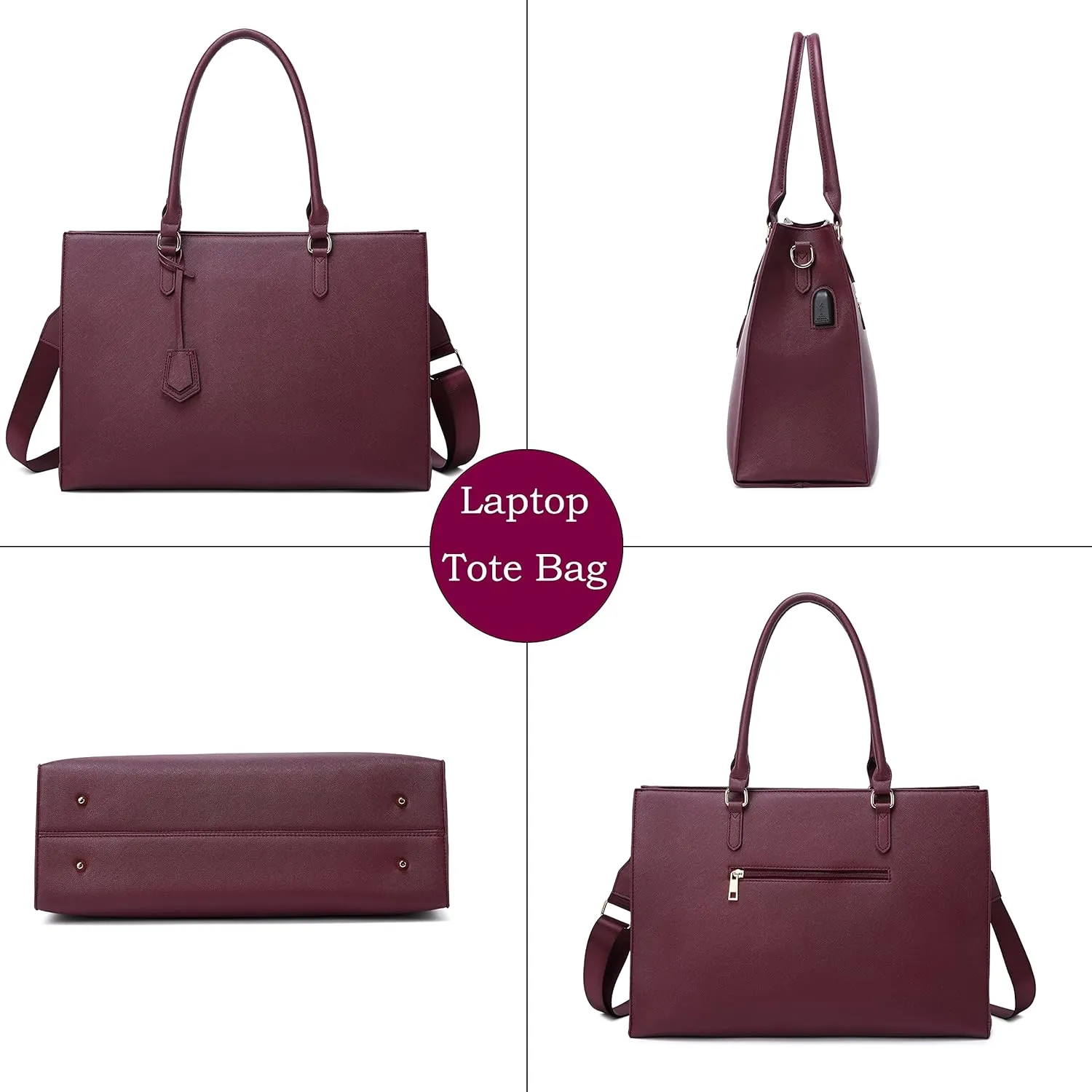 17-Inch Laptop Bag for Women - Casual Work Tote With USB Charging Port and Clutch Purse (Fuchsia)