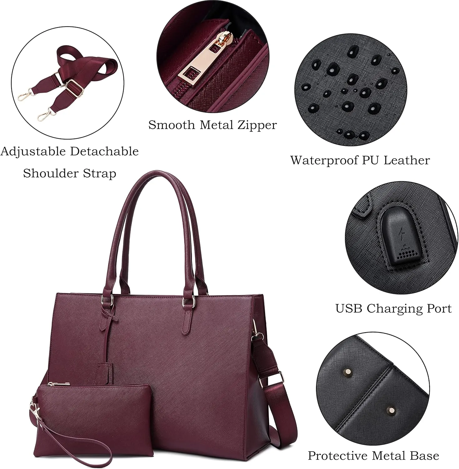 17-Inch Laptop Bag for Women - Casual Work Tote With USB Charging Port and Clutch Purse (Fuchsia)