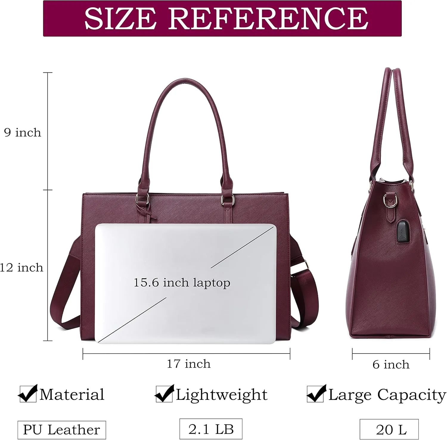 17-Inch Laptop Bag for Women - Casual Work Tote With USB Charging Port and Clutch Purse (Fuchsia)
