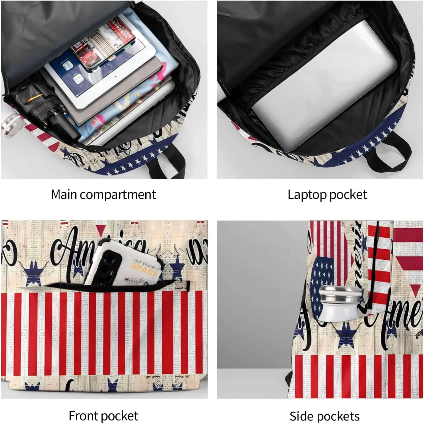 1776 American Independence Day American Flag Loves Heart God Bless Casual Backpacks Large Travel Backpack Laptop Rucksack Sports Daypack Adjustable Strap Bag for Camping Hiking