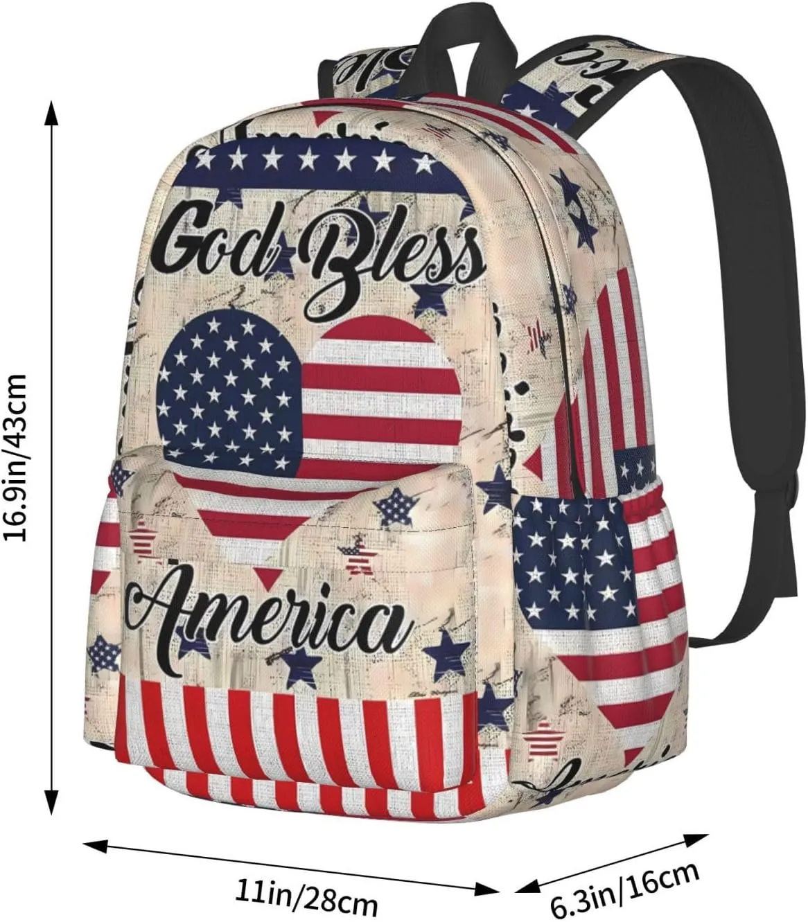 1776 American Independence Day American Flag Loves Heart God Bless Casual Backpacks Large Travel Backpack Laptop Rucksack Sports Daypack Adjustable Strap Bag for Camping Hiking