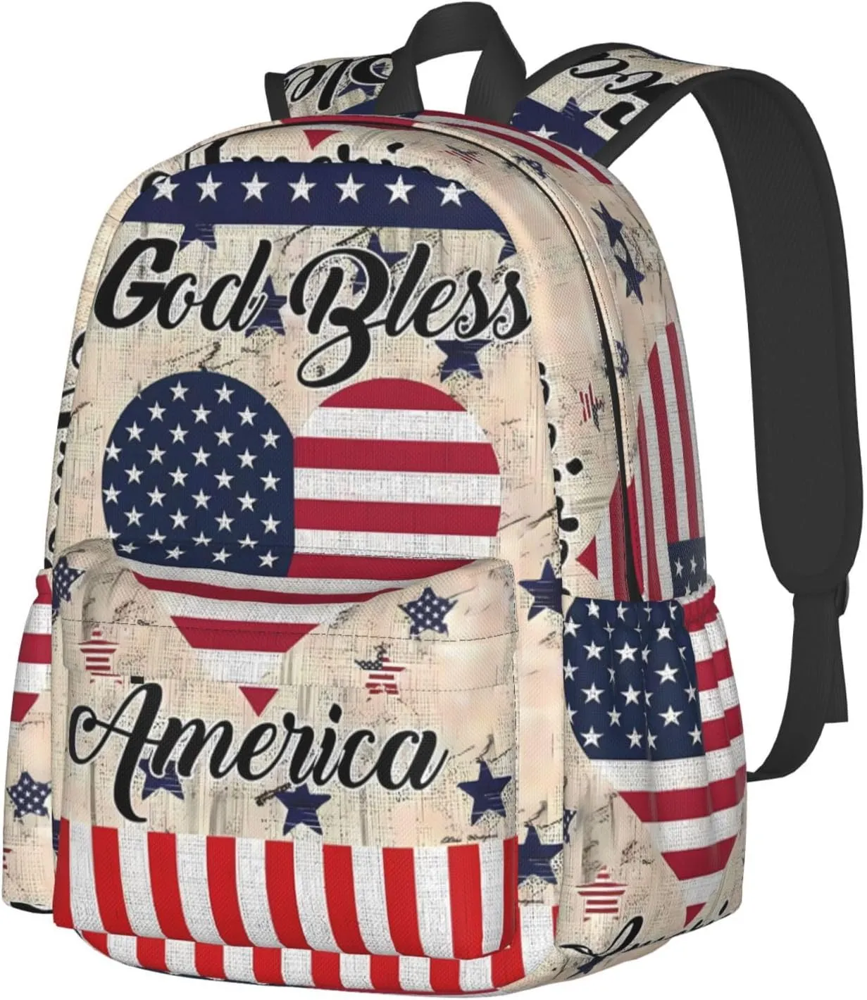 1776 American Independence Day American Flag Loves Heart God Bless Casual Backpacks Large Travel Backpack Laptop Rucksack Sports Daypack Adjustable Strap Bag for Camping Hiking