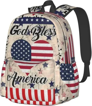 1776 American Independence Day American Flag Loves Heart God Bless Casual Backpacks Large Travel Backpack Laptop Rucksack Sports Daypack Adjustable Strap Bag for Camping Hiking