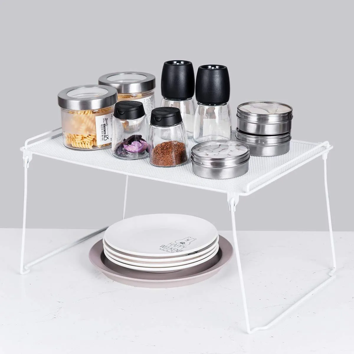 2 Pack- Stackable Kitchen Cabinet and Counter Shelf Organizer, Spice Jars Bottle Standing Shelf Holder Rack, Wire Metal Cupboard, Food Pantry Shelf Organizer, White