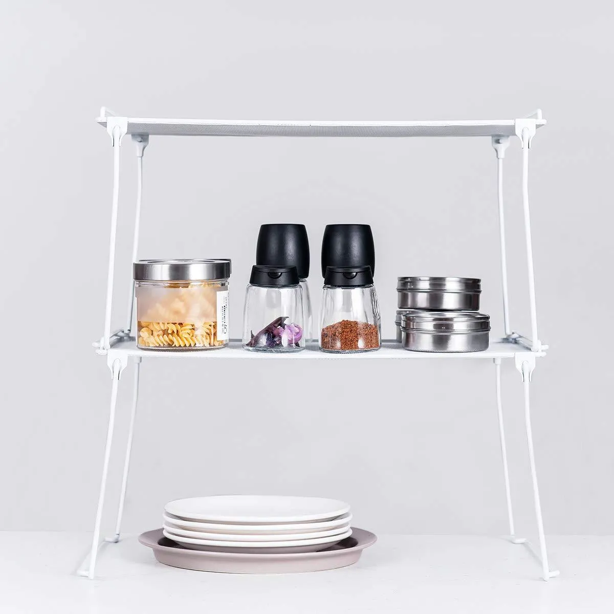2 Pack- Stackable Kitchen Cabinet and Counter Shelf Organizer, Spice Jars Bottle Standing Shelf Holder Rack, Wire Metal Cupboard, Food Pantry Shelf Organizer, White