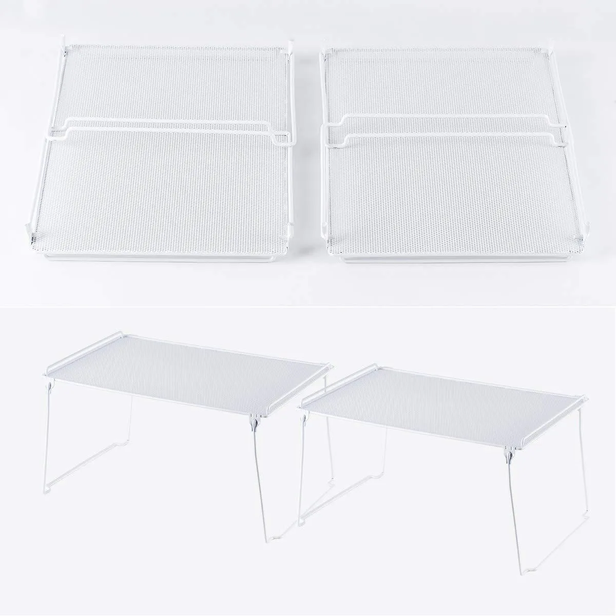 2 Pack- Stackable Kitchen Cabinet and Counter Shelf Organizer, Spice Jars Bottle Standing Shelf Holder Rack, Wire Metal Cupboard, Food Pantry Shelf Organizer, White