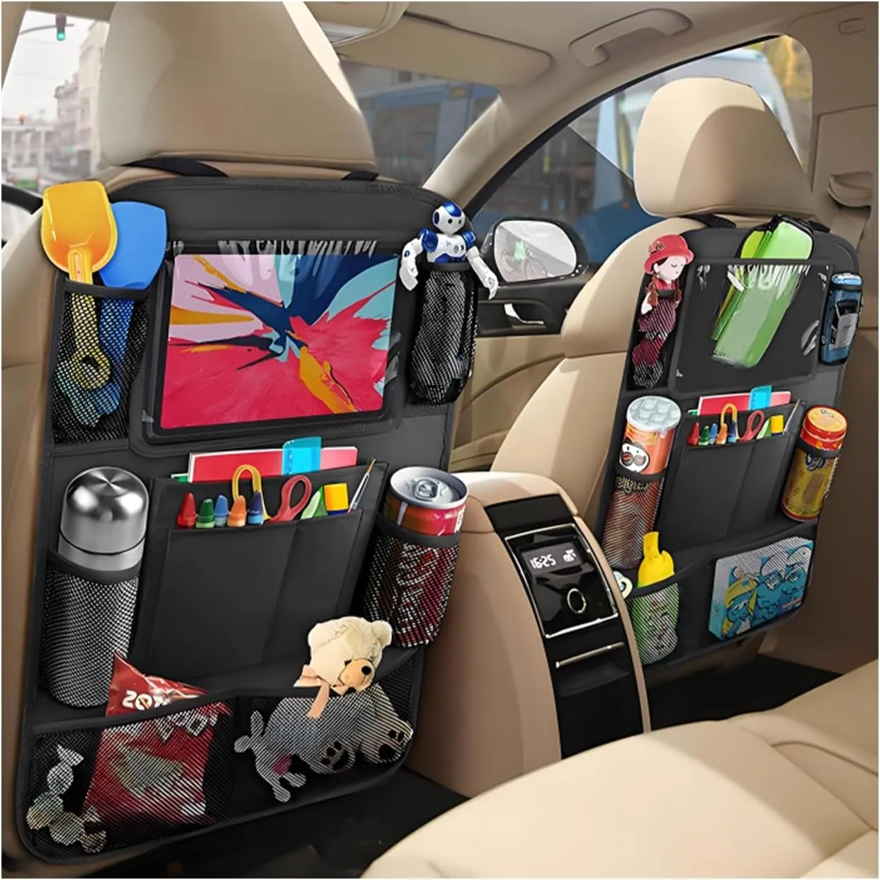 2 PCS Car Backseat Organizer, Heavy Duty Seat Back Storage Bag with Touch Screen Tablet Holder, Waterproof Kick Mats Back Seat Protector for Kids Toddlers, Car Accessories (Normal)