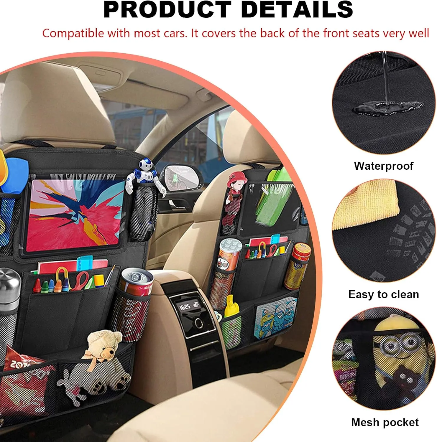 2 PCS Car Backseat Organizer, Heavy Duty Seat Back Storage Bag with Touch Screen Tablet Holder, Waterproof Kick Mats Back Seat Protector for Kids Toddlers, Car Accessories (Normal)