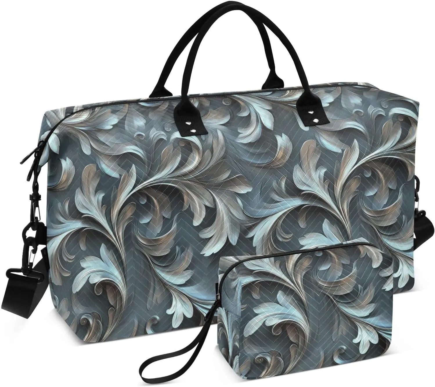 2-Piece Travel Organizer Set - Wave Quilted Expandable Duffel Bag with Detachable Toiletry Pouch, TSA-Compliant Carry-On for Gym/Camping/Airplane, Acanthus Leaf (7)