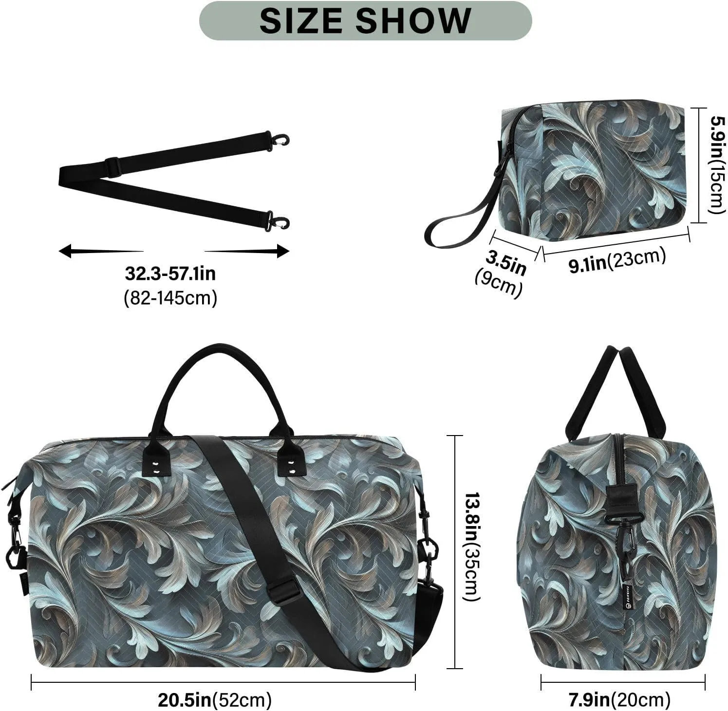 2-Piece Travel Organizer Set - Wave Quilted Expandable Duffel Bag with Detachable Toiletry Pouch, TSA-Compliant Carry-On for Gym/Camping/Airplane, Acanthus Leaf (7)
