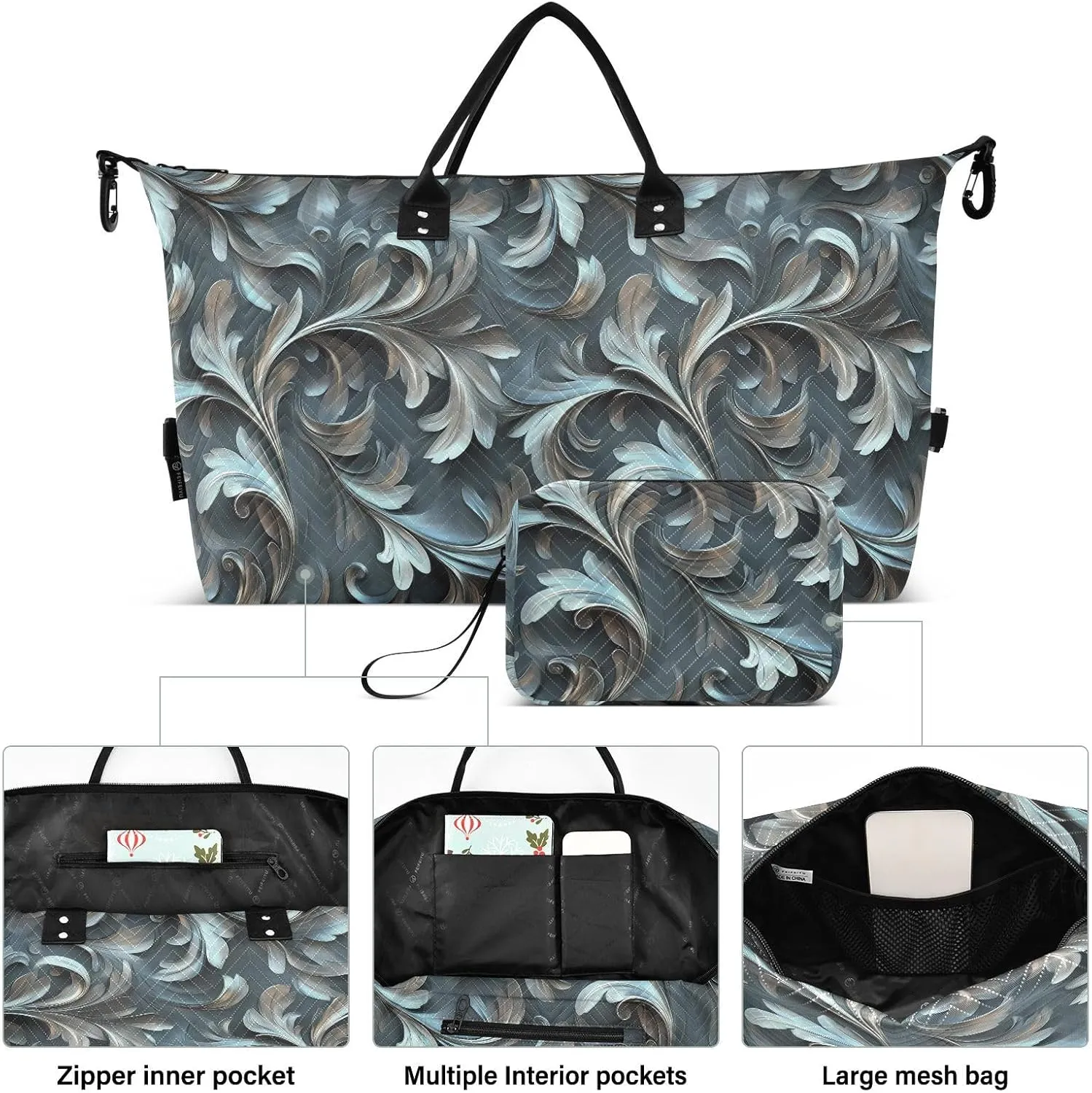 2-Piece Travel Organizer Set - Wave Quilted Expandable Duffel Bag with Detachable Toiletry Pouch, TSA-Compliant Carry-On for Gym/Camping/Airplane, Acanthus Leaf (7)
