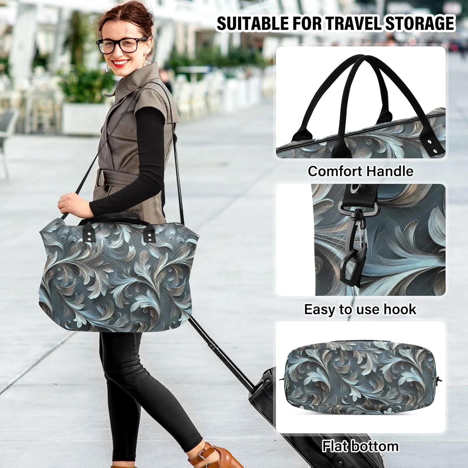 2-Piece Travel Organizer Set - Wave Quilted Expandable Duffel Bag with Detachable Toiletry Pouch, TSA-Compliant Carry-On for Gym/Camping/Airplane, Acanthus Leaf (7)
