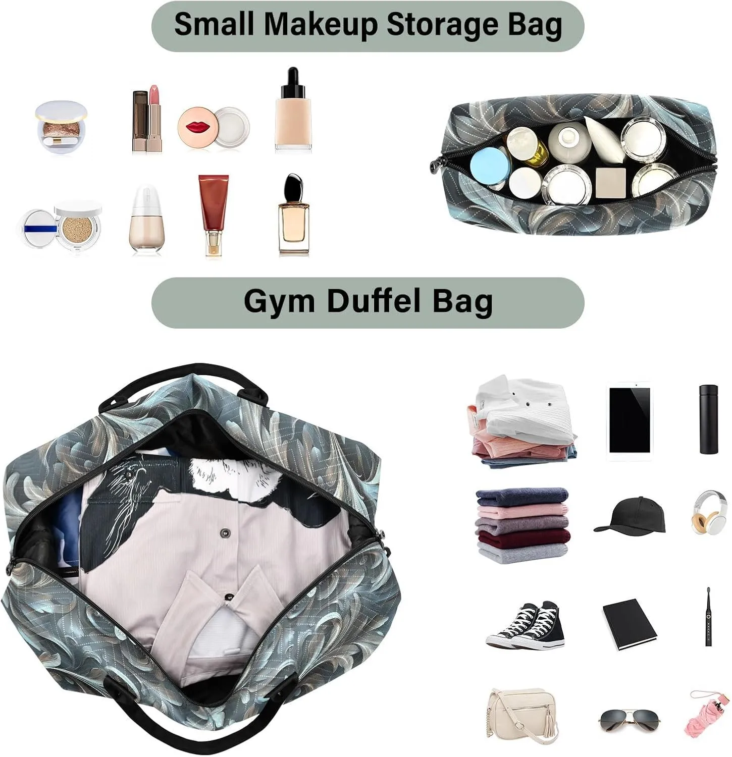 2-Piece Travel Organizer Set - Wave Quilted Expandable Duffel Bag with Detachable Toiletry Pouch, TSA-Compliant Carry-On for Gym/Camping/Airplane, Acanthus Leaf (7)