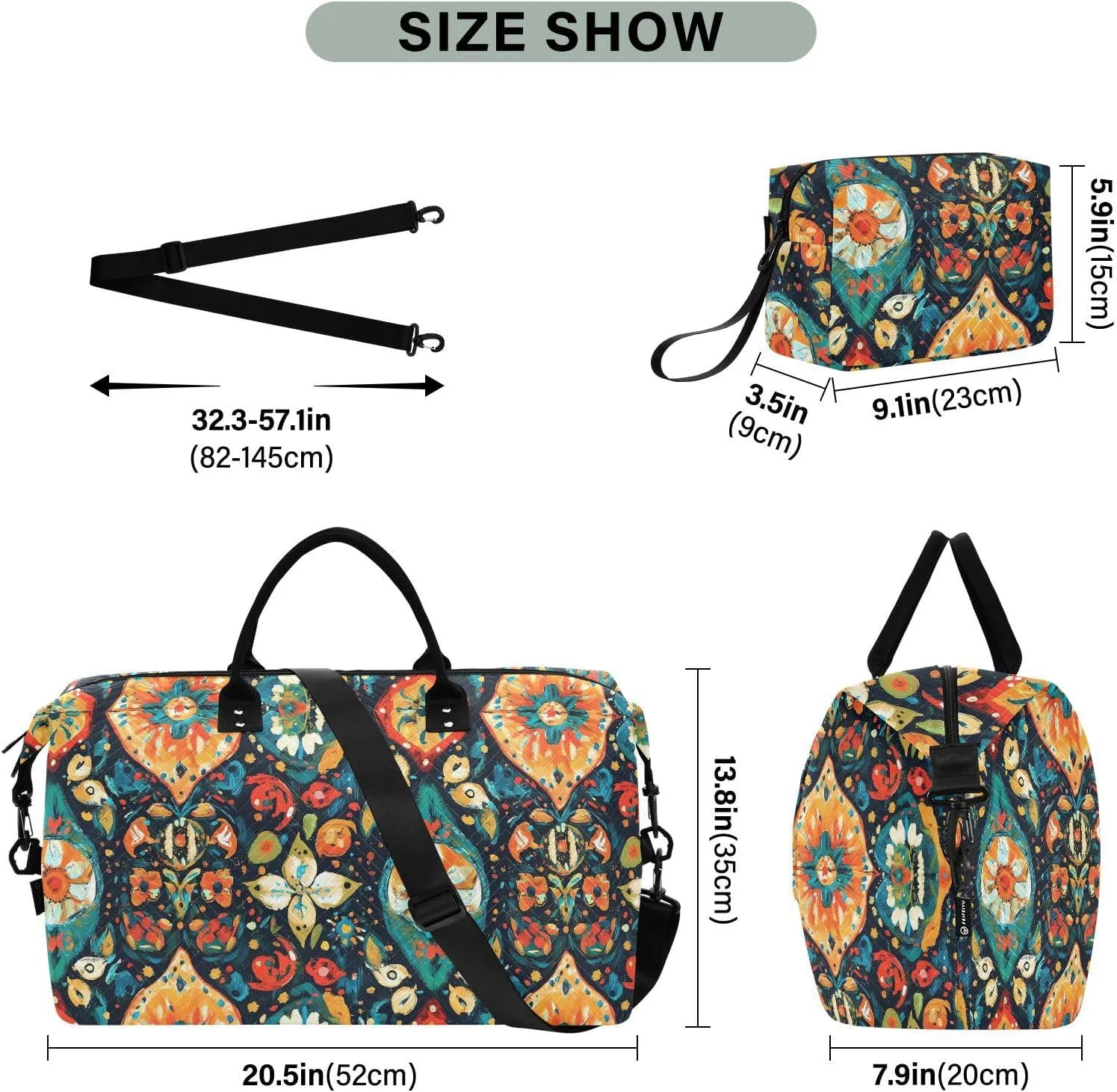 2-Piece Travel Organizer Set - Wave Quilted Expandable Duffel Bag with Detachable Toiletry Pouch, TSA-Compliant Carry-On for Gym/Camping/Airplane, Bohemian Pattern