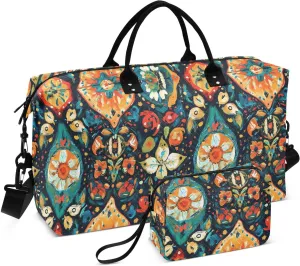 2-Piece Travel Organizer Set - Wave Quilted Expandable Duffel Bag with Detachable Toiletry Pouch, TSA-Compliant Carry-On for Gym/Camping/Airplane, Bohemian Pattern