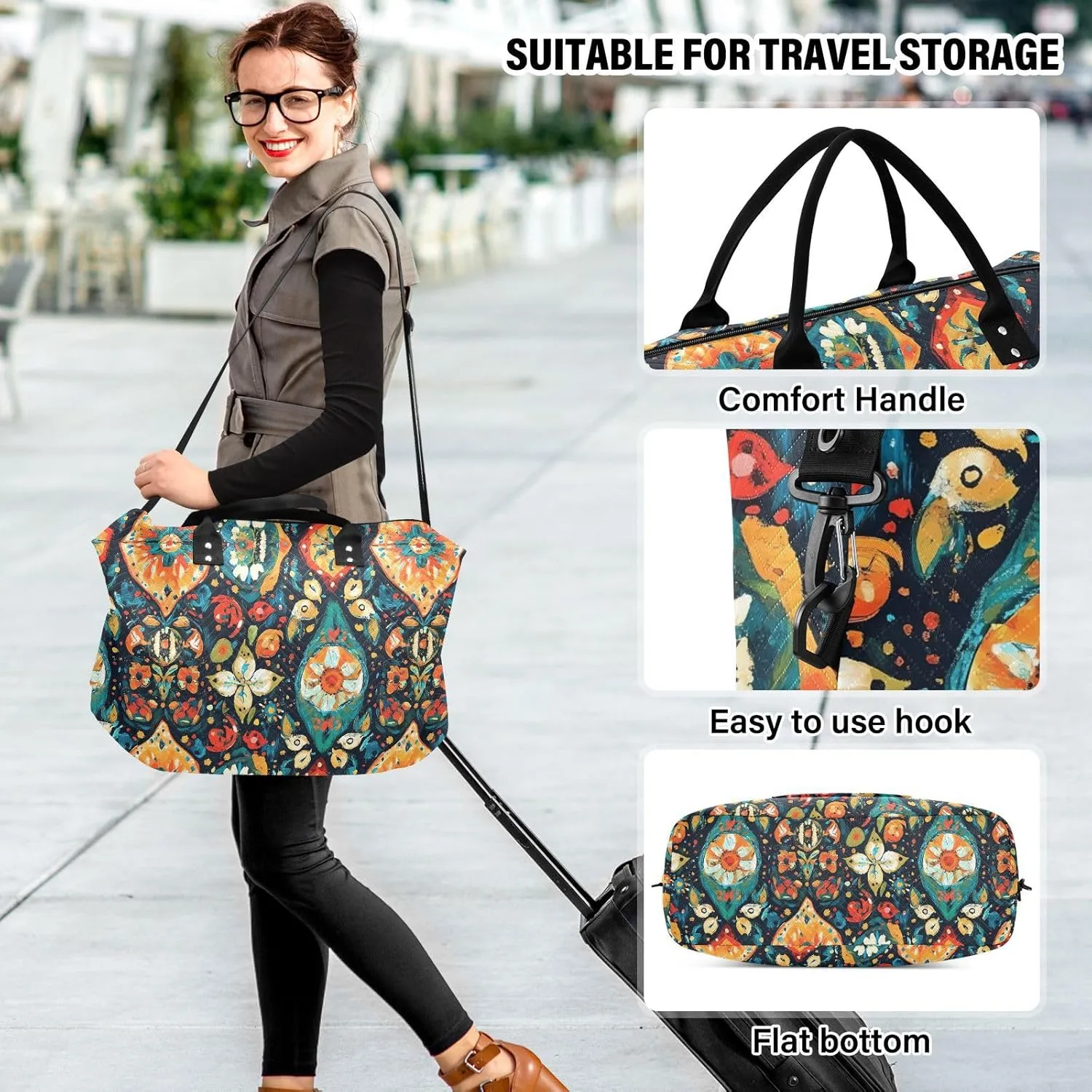 2-Piece Travel Organizer Set - Wave Quilted Expandable Duffel Bag with Detachable Toiletry Pouch, TSA-Compliant Carry-On for Gym/Camping/Airplane, Bohemian Pattern