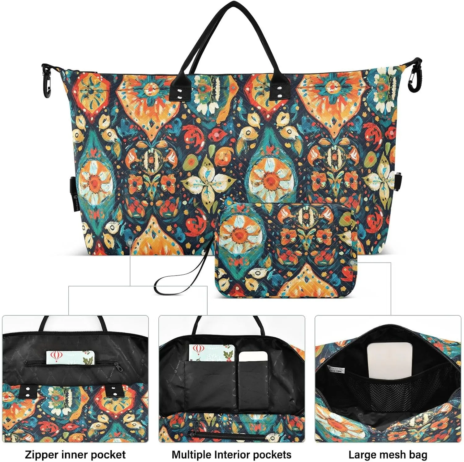 2-Piece Travel Organizer Set - Wave Quilted Expandable Duffel Bag with Detachable Toiletry Pouch, TSA-Compliant Carry-On for Gym/Camping/Airplane, Bohemian Pattern