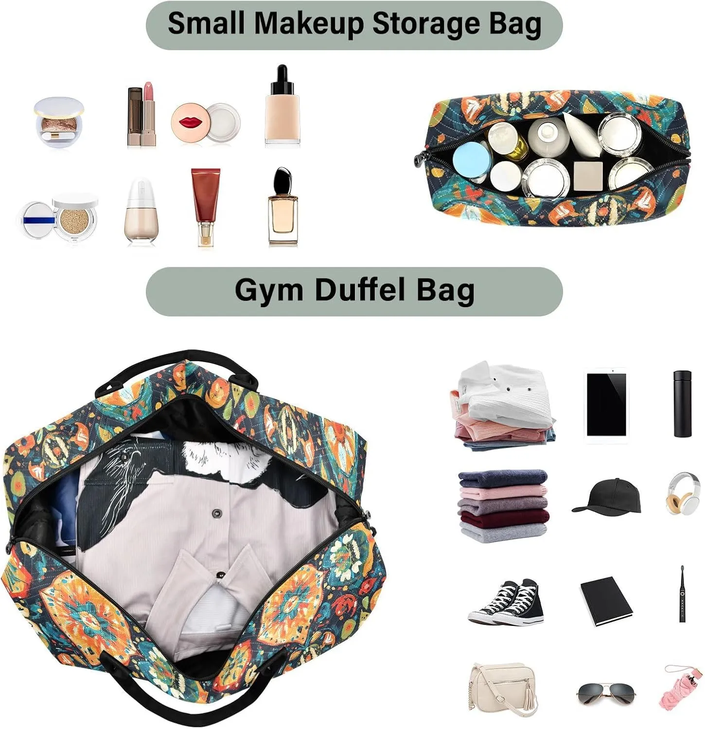2-Piece Travel Organizer Set - Wave Quilted Expandable Duffel Bag with Detachable Toiletry Pouch, TSA-Compliant Carry-On for Gym/Camping/Airplane, Bohemian Pattern