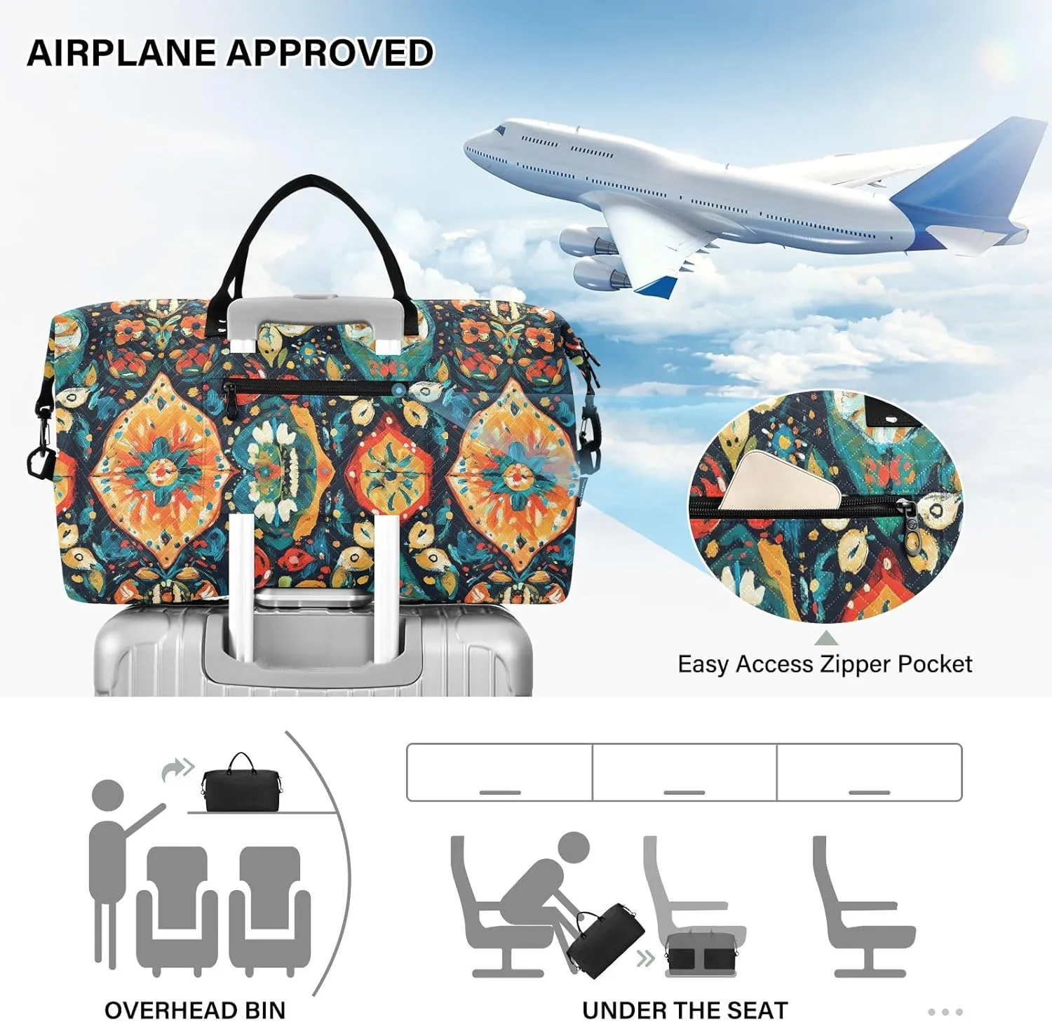 2-Piece Travel Organizer Set - Wave Quilted Expandable Duffel Bag with Detachable Toiletry Pouch, TSA-Compliant Carry-On for Gym/Camping/Airplane, Bohemian Pattern