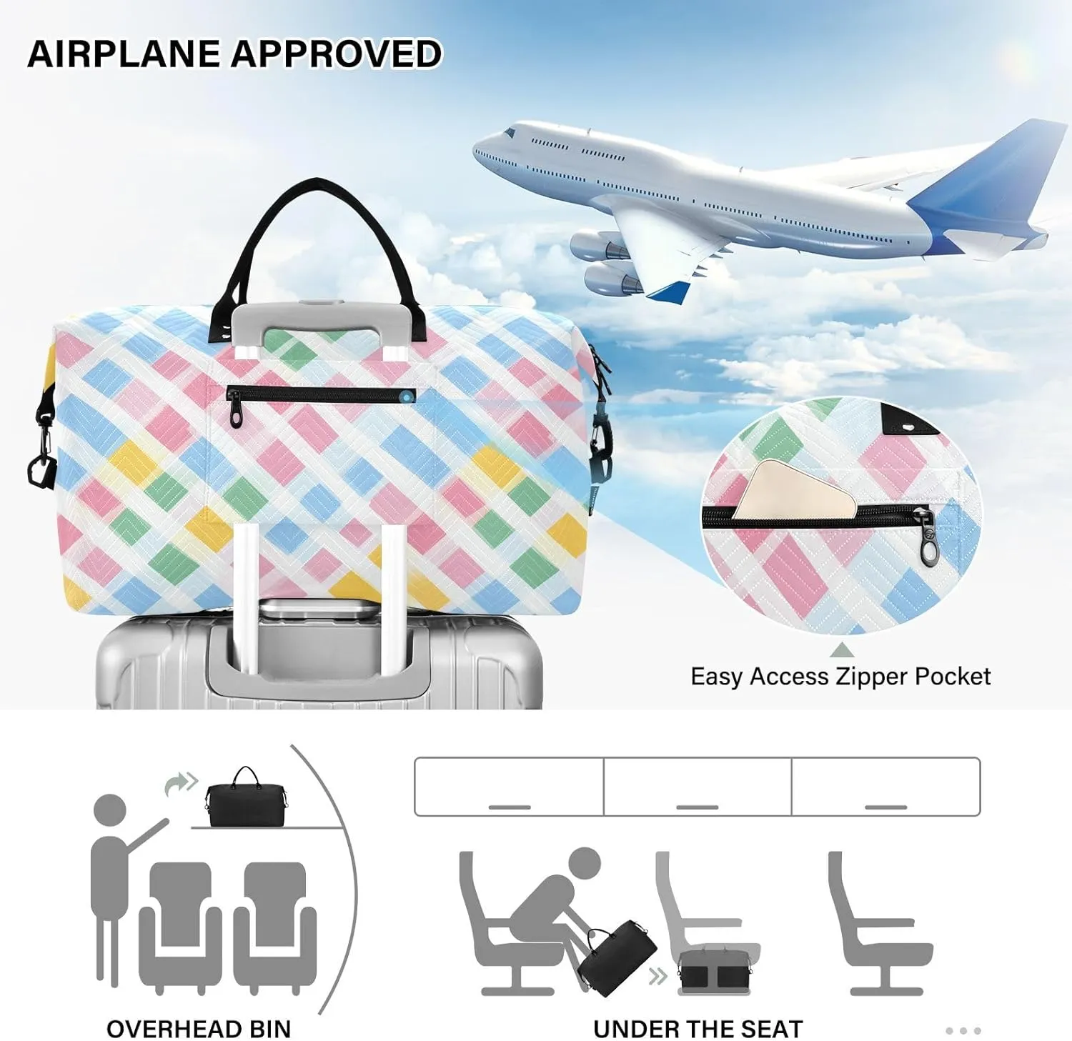 2-Piece Travel Organizer Set - Wave Quilted Expandable Duffel Bag with Detachable Toiletry Pouch, TSA-Compliant Carry-On for Gym/Camping/Airplane, Chevron Pattern (2)