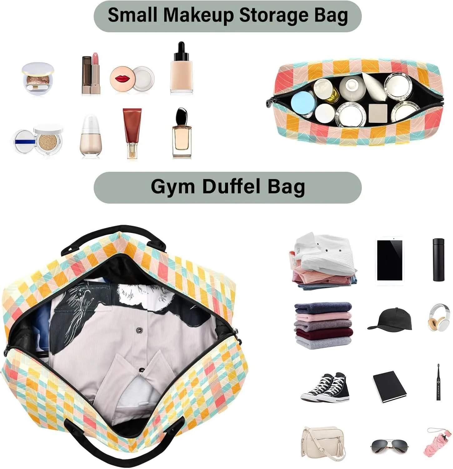 2-Piece Travel Organizer Set - Wave Quilted Expandable Duffel Bag with Detachable Toiletry Pouch, TSA-Compliant Carry-On for Gym/Camping/Airplane, Chevron Pattern (9)