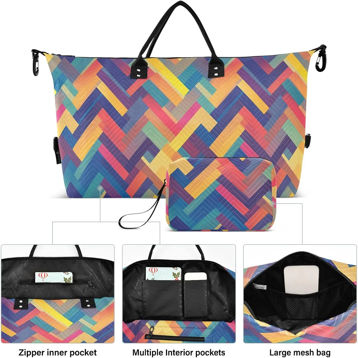 2-Piece Travel Organizer Set - Wave Quilted Expandable Duffel Bag with Detachable Toiletry Pouch, TSA-Compliant Carry-On for Gym/Camping/Airplane, Color Block (11)