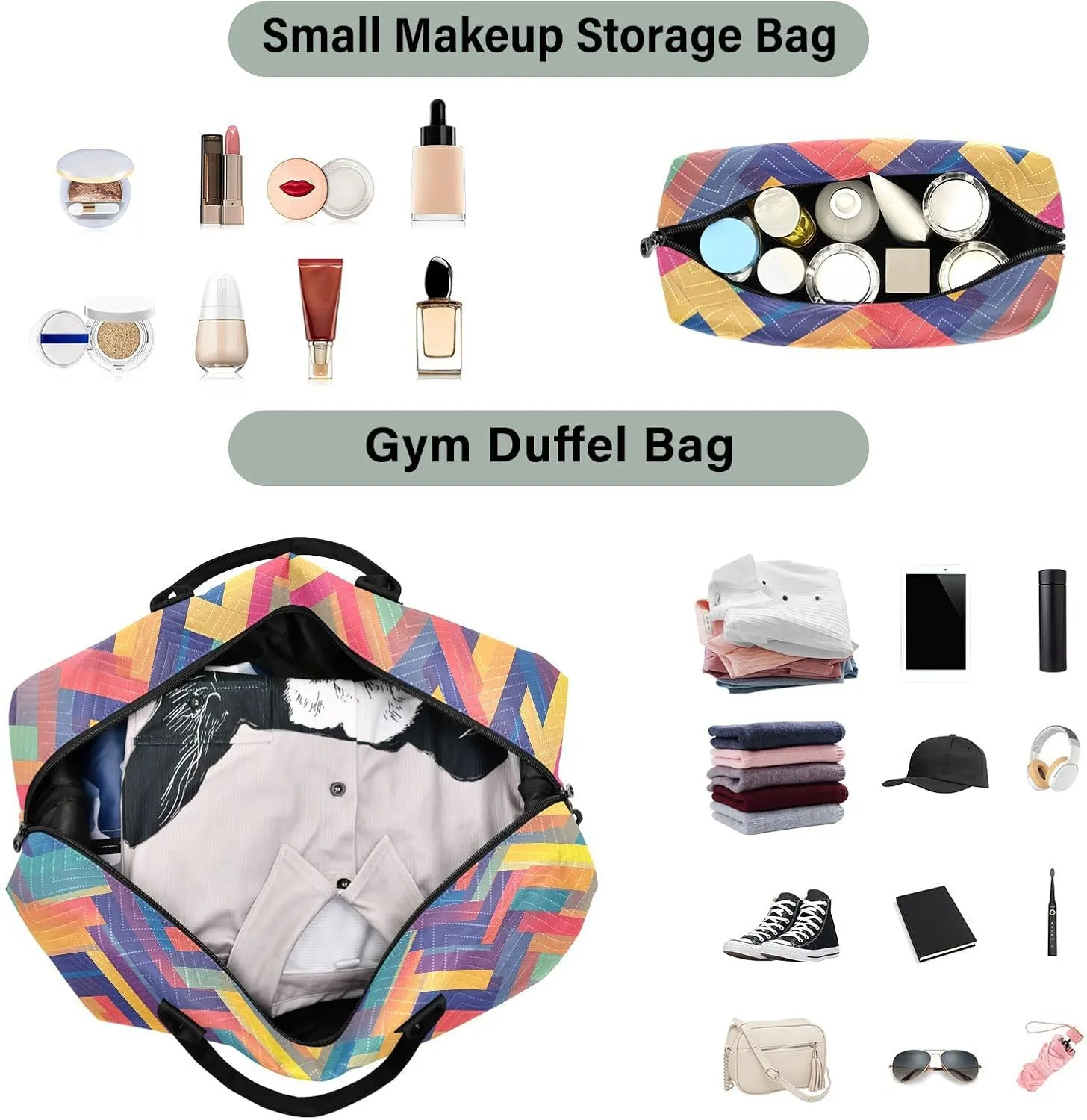 2-Piece Travel Organizer Set - Wave Quilted Expandable Duffel Bag with Detachable Toiletry Pouch, TSA-Compliant Carry-On for Gym/Camping/Airplane, Color Block (11)