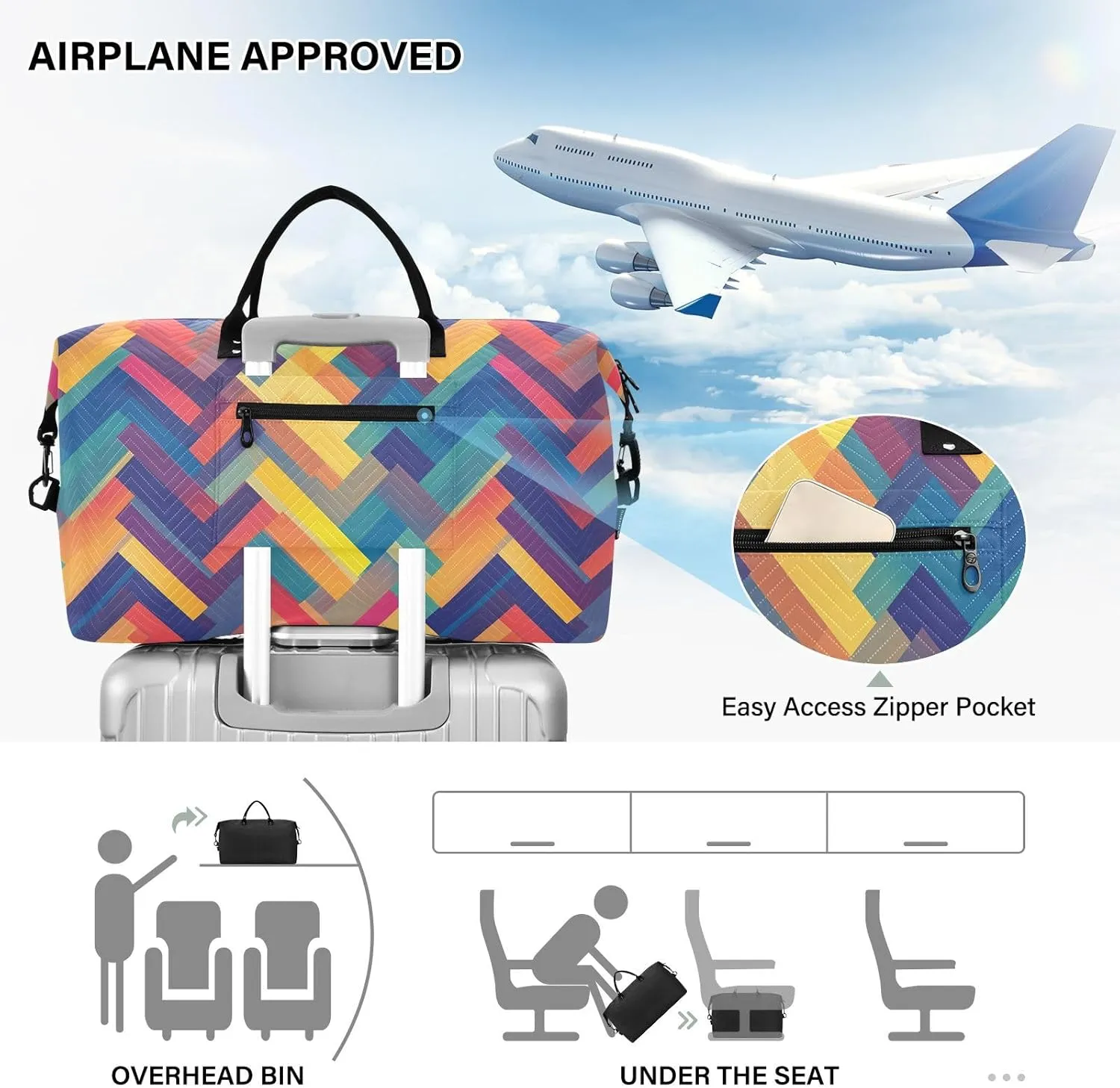 2-Piece Travel Organizer Set - Wave Quilted Expandable Duffel Bag with Detachable Toiletry Pouch, TSA-Compliant Carry-On for Gym/Camping/Airplane, Color Block (11)