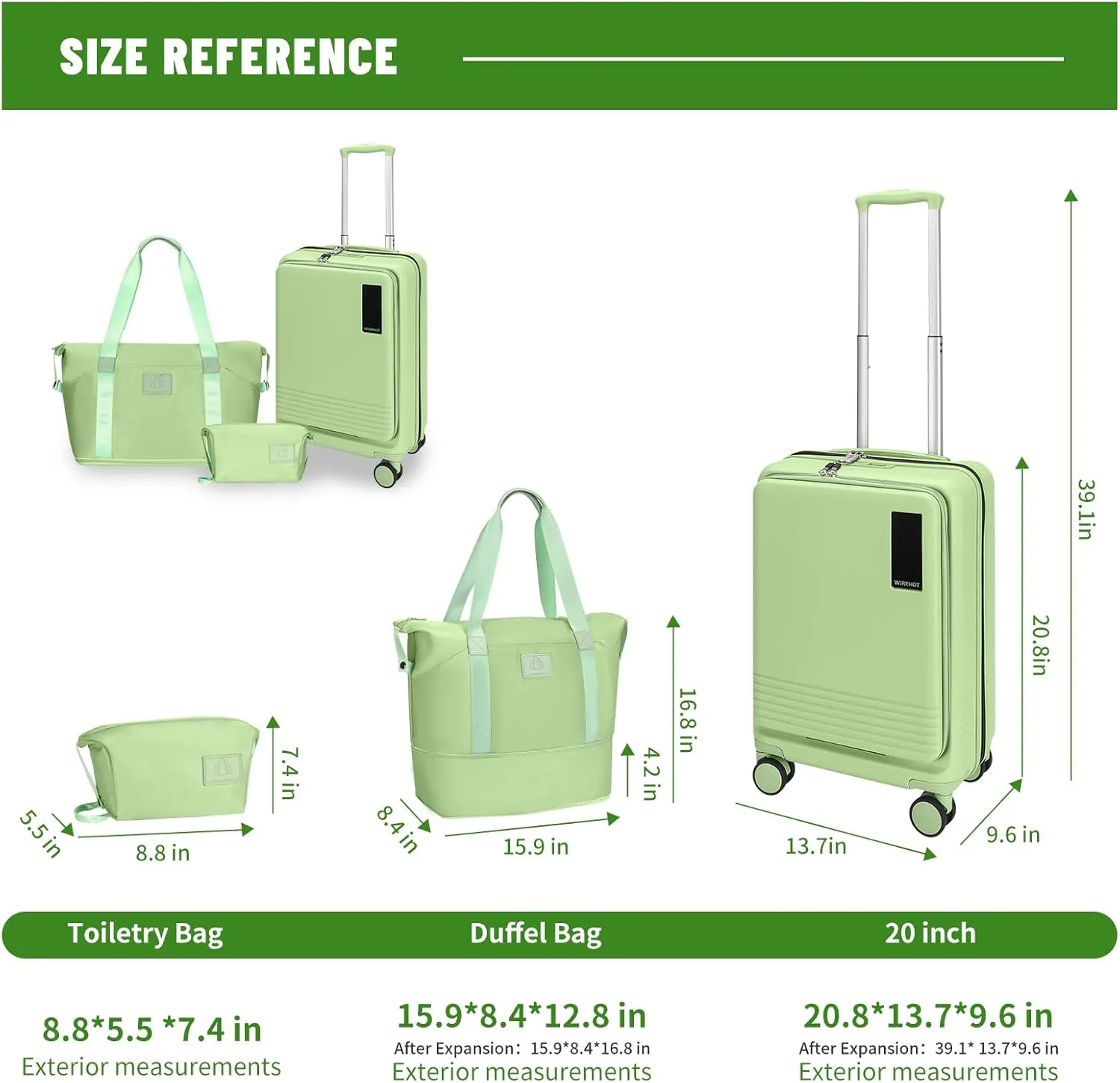 20 inch Carry On Luggage Front Open Pocket Extension Bag, ABS PC Suitcase with Spinner Wheels TSA Lock & YKK Zipper, 20in/Toiletry Bag/Handbag, Light Avocado Green