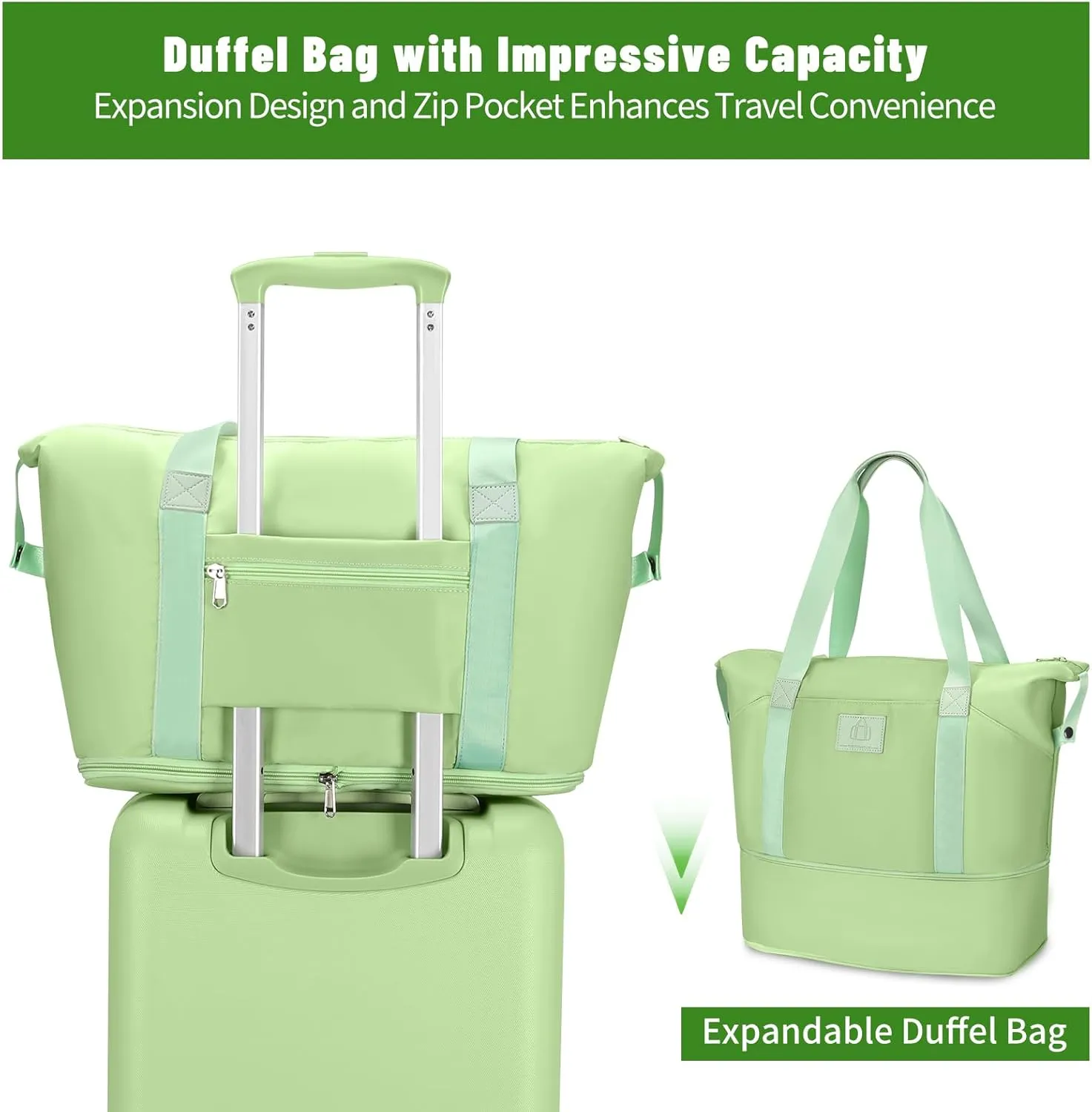 20 inch Carry On Luggage Front Open Pocket Extension Bag, ABS PC Suitcase with Spinner Wheels TSA Lock & YKK Zipper, 20in/Toiletry Bag/Handbag, Light Avocado Green