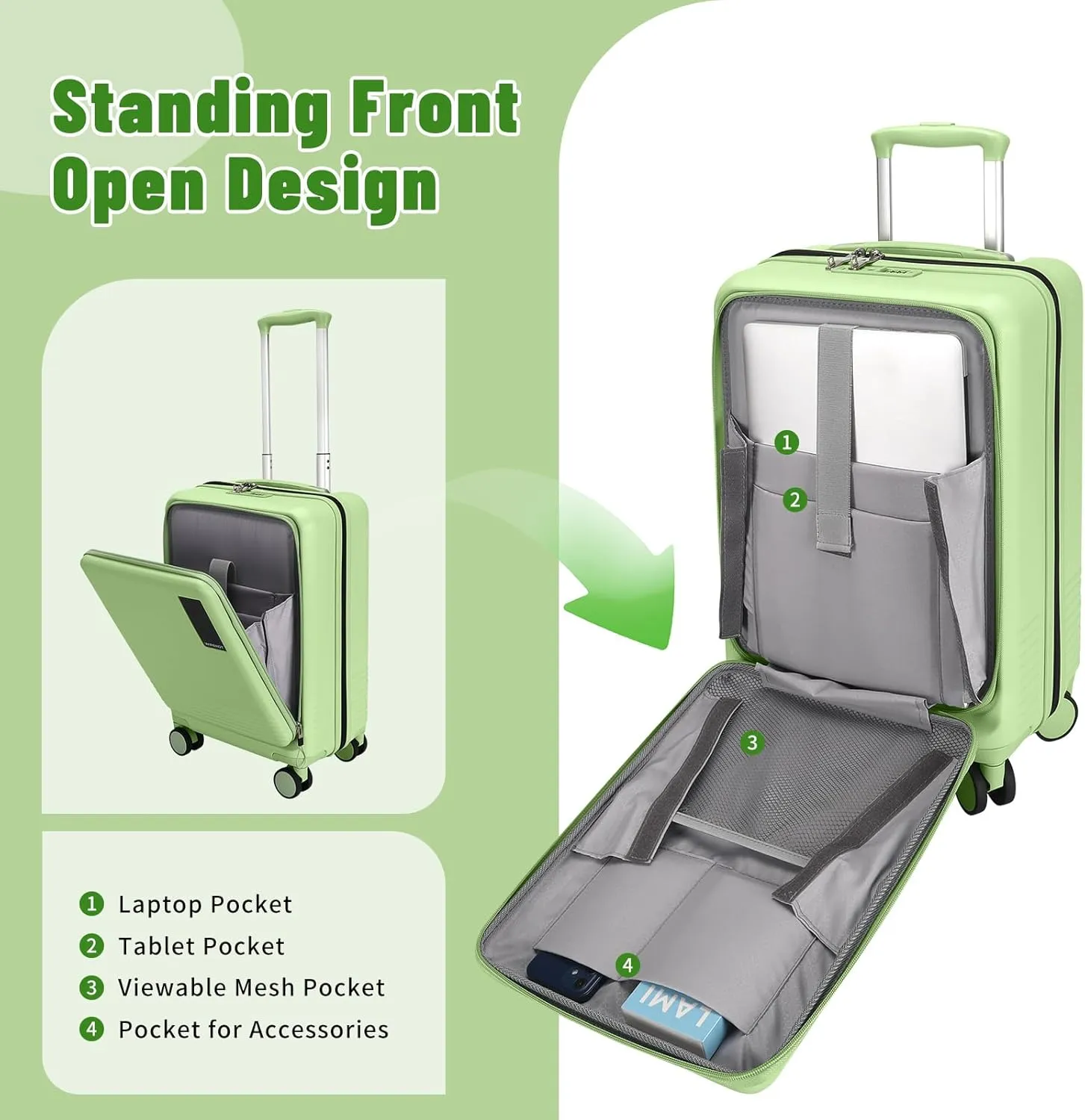 20 inch Carry On Luggage Front Open Pocket Extension Bag, ABS PC Suitcase with Spinner Wheels TSA Lock & YKK Zipper, 20in/Toiletry Bag/Handbag, Light Avocado Green