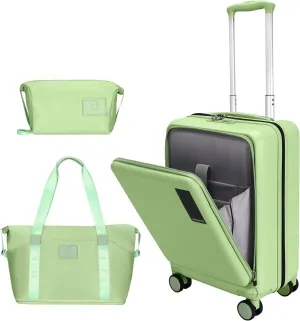 20 inch Carry On Luggage Front Open Pocket Extension Bag, ABS PC Suitcase with Spinner Wheels TSA Lock & YKK Zipper, 20in/Toiletry Bag/Handbag, Light Avocado Green