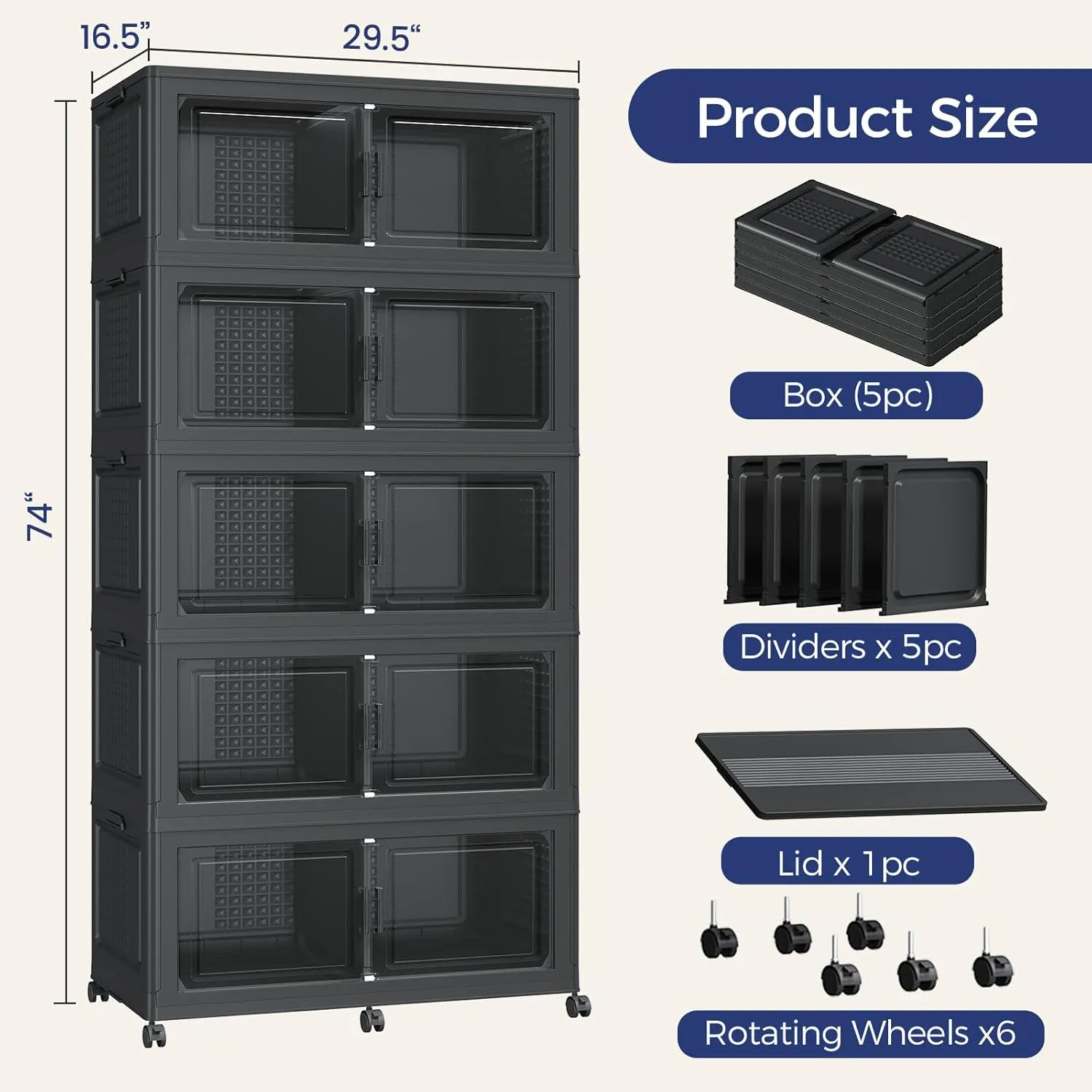 200GAL Extra Large Storage Bins with Lid, 800Qt Stackable Closet Organizers and Drawers, Collapsible Storage Bins with Wheels, Folding Storages Cabinet for Home Bedroom Office, 5Pack