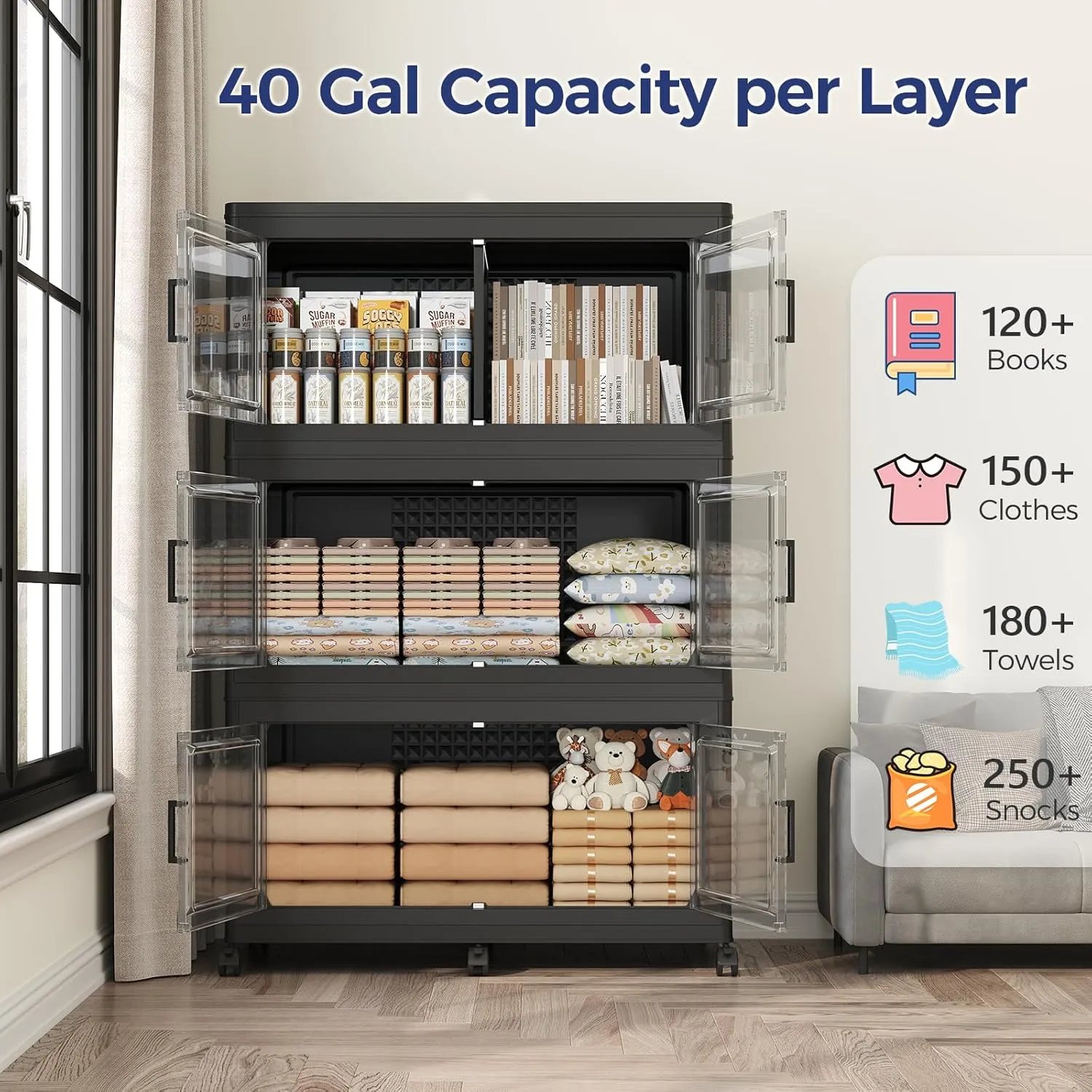 200GAL Extra Large Storage Bins with Lid, 800Qt Stackable Closet Organizers and Drawers, Collapsible Storage Bins with Wheels, Folding Storages Cabinet for Home Bedroom Office, 5Pack