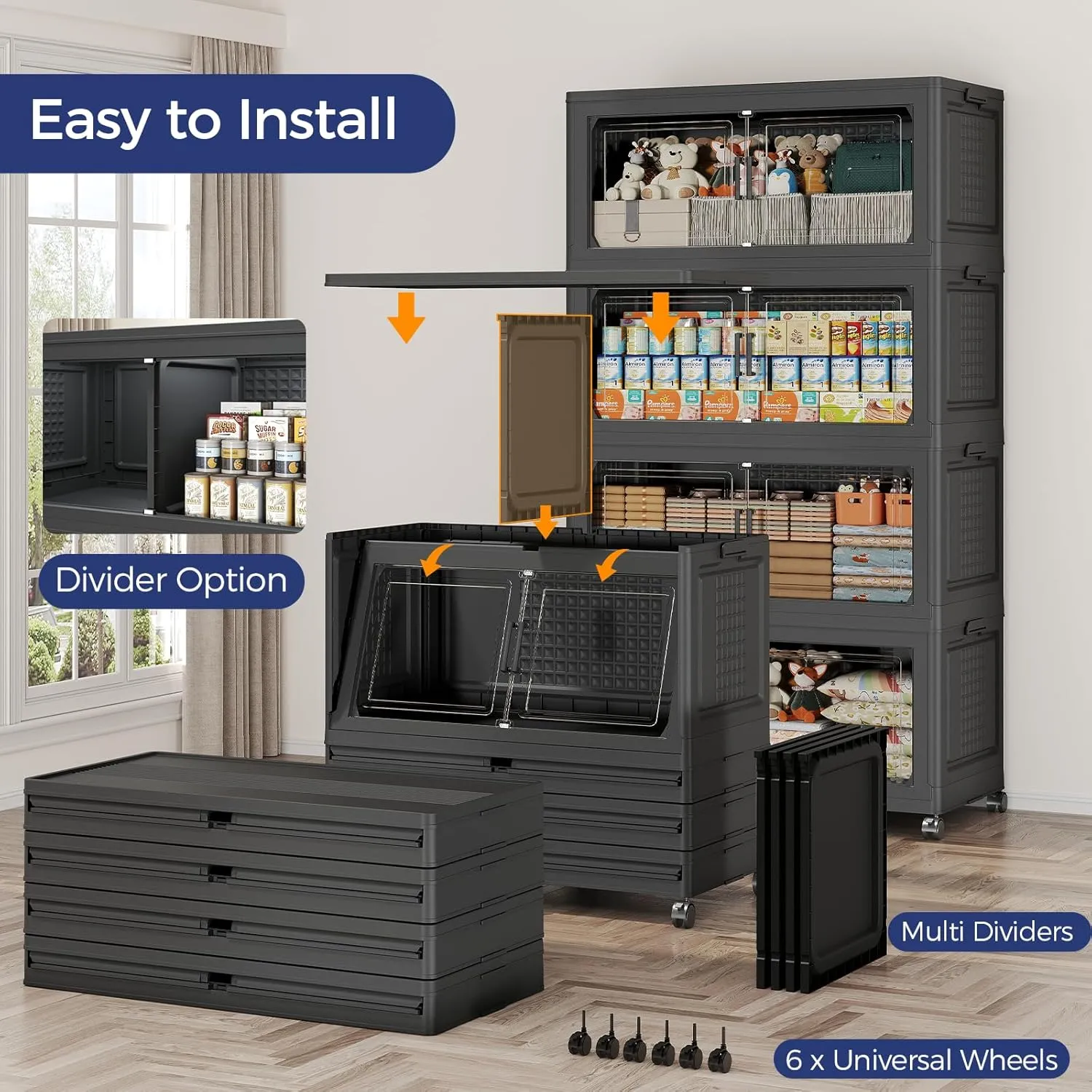 200GAL Extra Large Storage Bins with Lid, 800Qt Stackable Closet Organizers and Drawers, Collapsible Storage Bins with Wheels, Folding Storages Cabinet for Home Bedroom Office, 5Pack