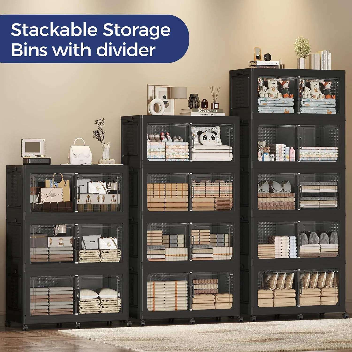 200GAL Extra Large Storage Bins with Lid, 800Qt Stackable Closet Organizers and Drawers, Collapsible Storage Bins with Wheels, Folding Storages Cabinet for Home Bedroom Office, 5Pack