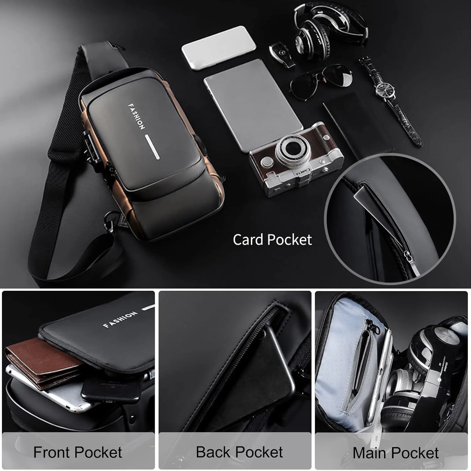 2025 fashion new Carbon Fiber Streamline Anti-Theft Sling Bag, USB Charging Sport Shoulder Backpack (Black)